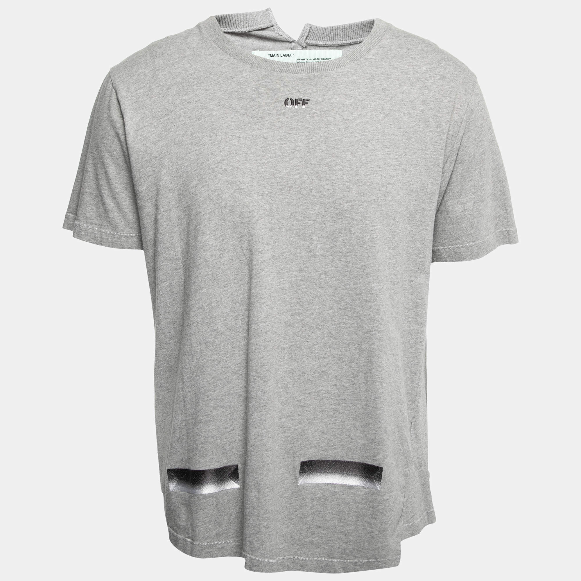 Off-White Grey Cotton Logo Embroidered Asymmetric Hemline T-Shirt L