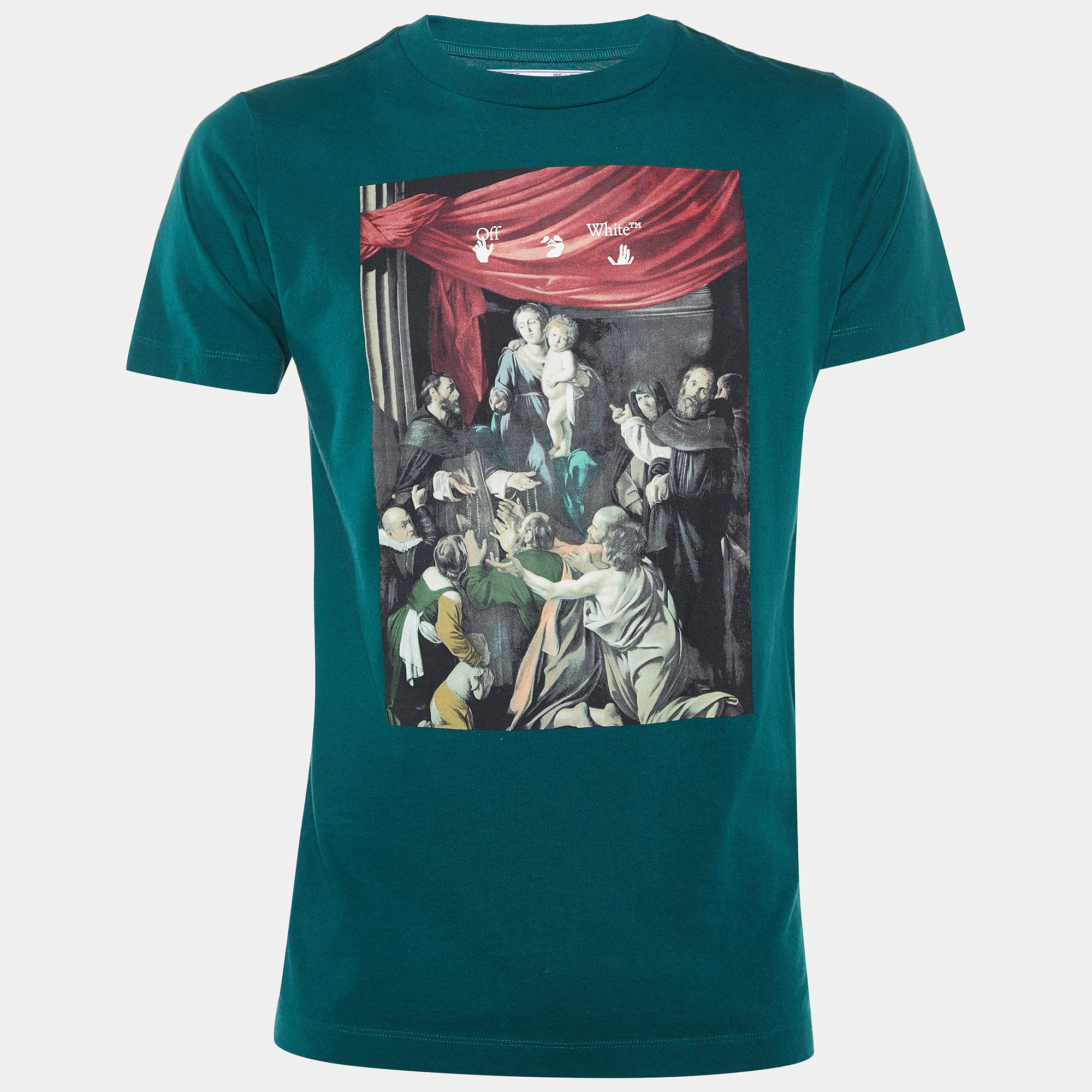 Pre Owned Off-White Green Caravaggio Printed Cotton Crewneck T-Shirt S