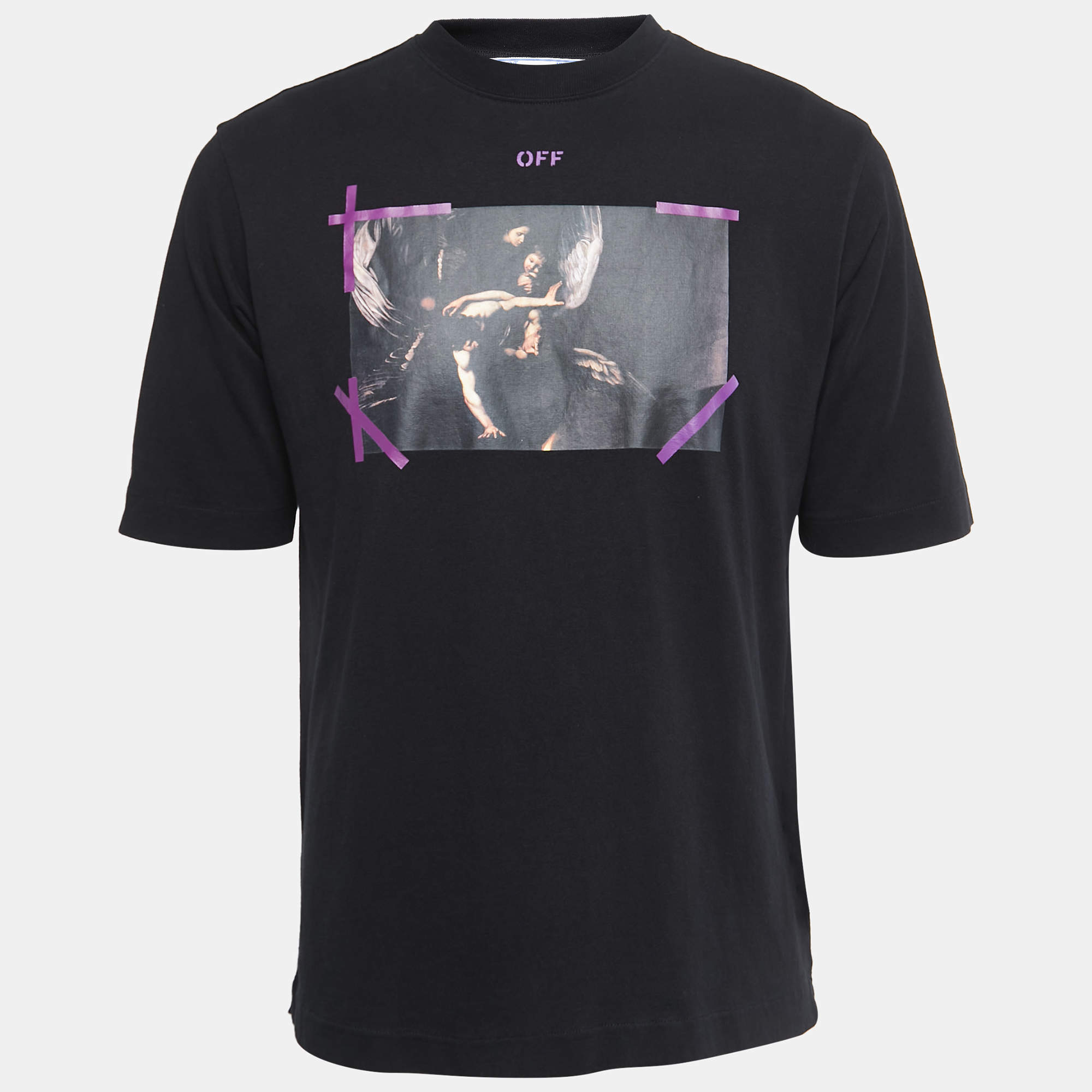 Pre Owned Off-White Black Logo Printed Cotton Crewneck T-Shirt S