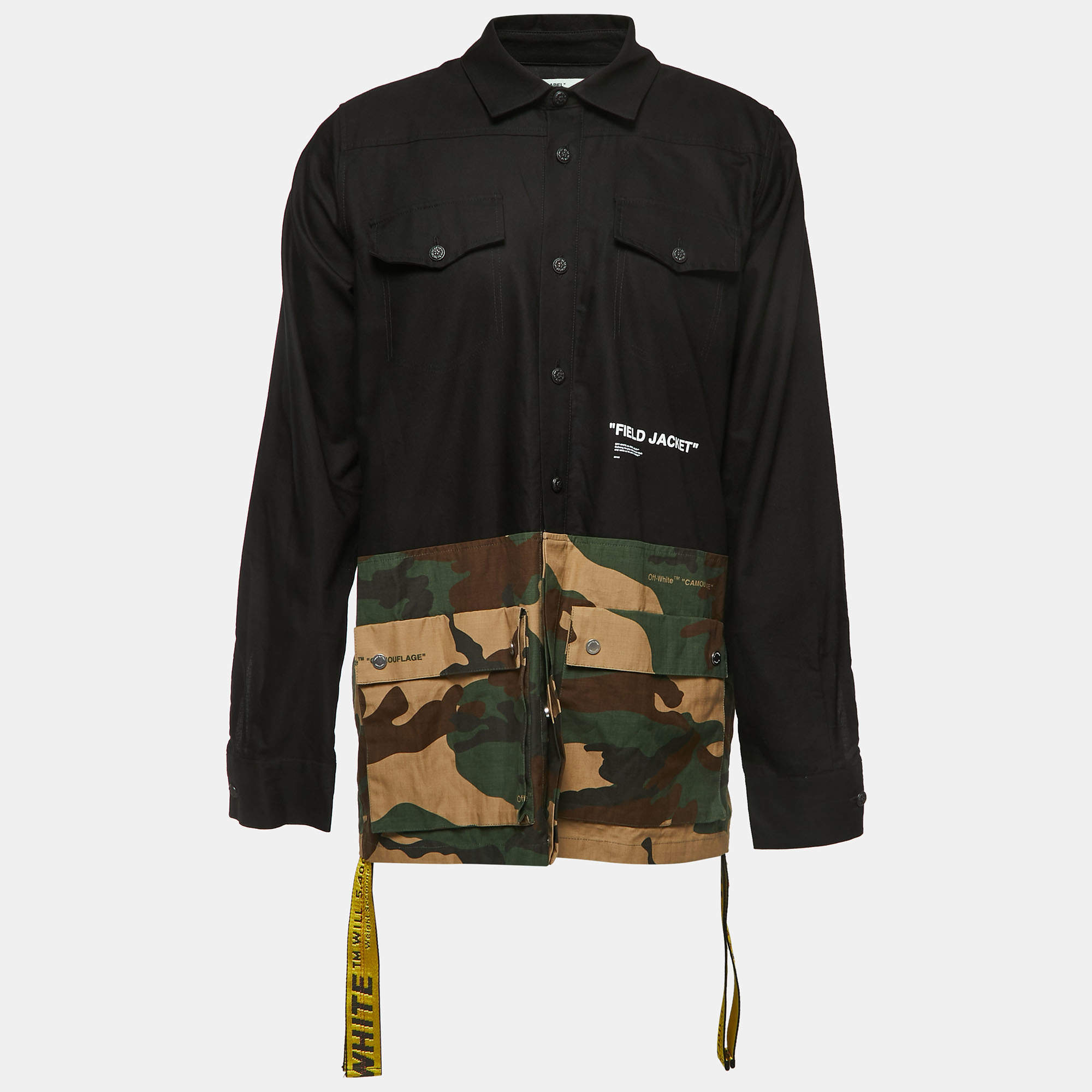 Pre Owned Off-White Black/Military Green Cotton Quote Split Button Front Jacket L