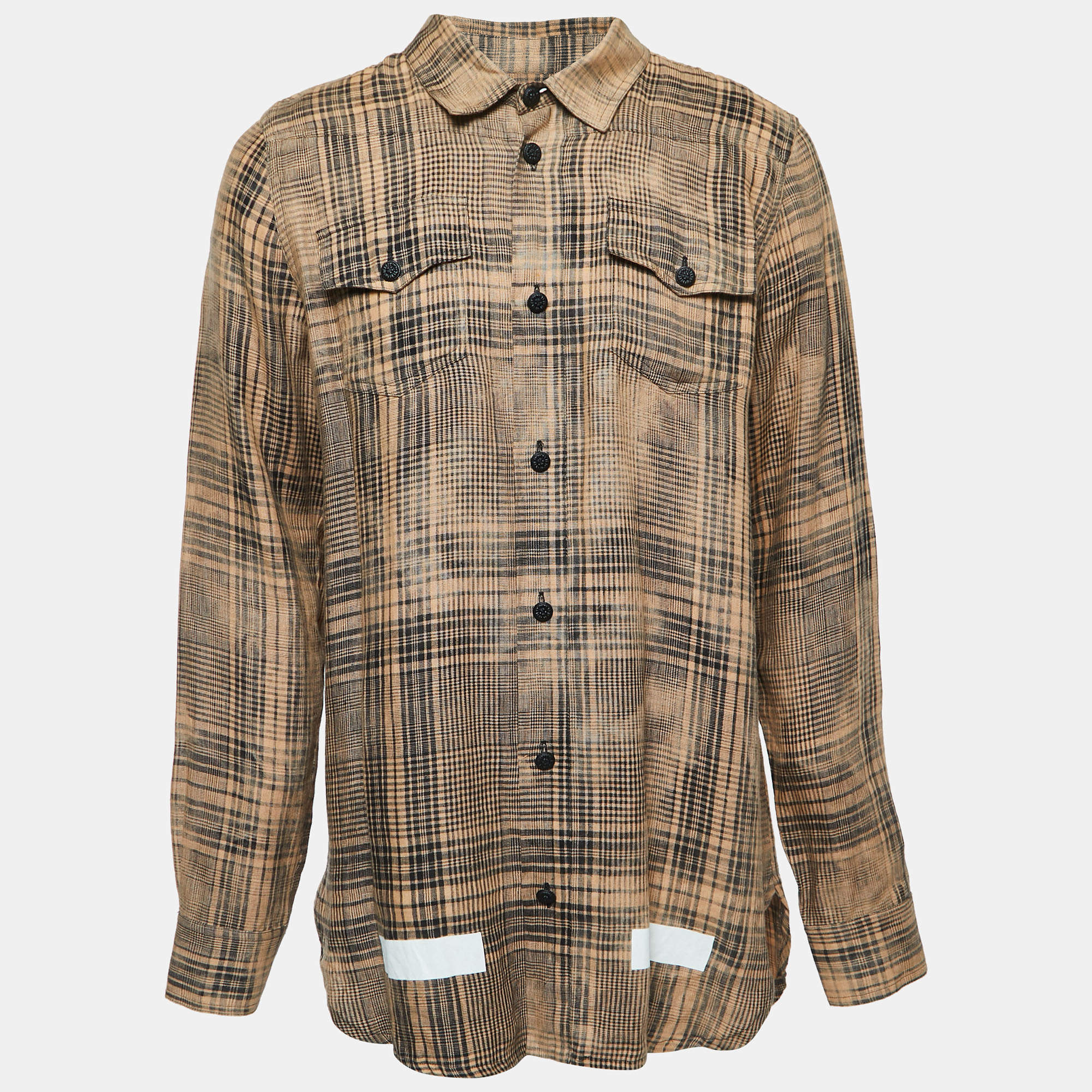 Off-White Beige Plaid Linen Button Front Full Sleeve Shirt M