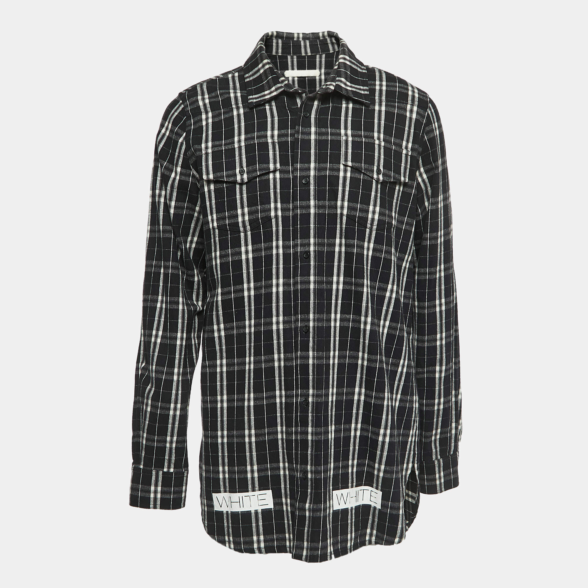 Off-White Black Plaid Cotton Button Front Full Sleeve Shirt L