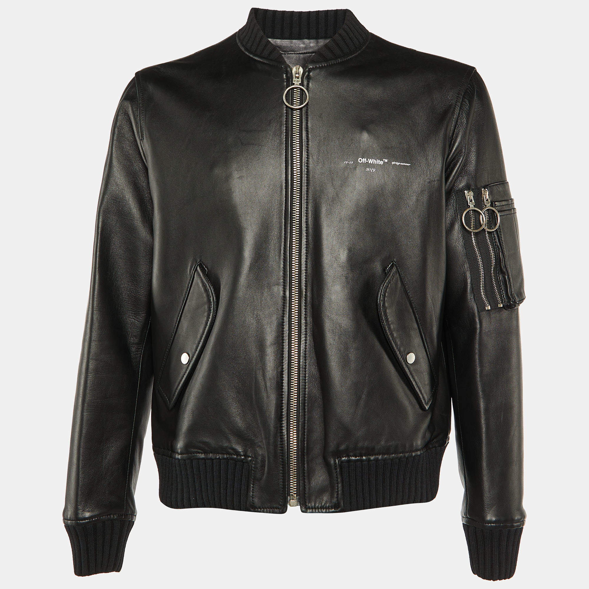 Off-White Black Leather Varsity Bomber Jacket L