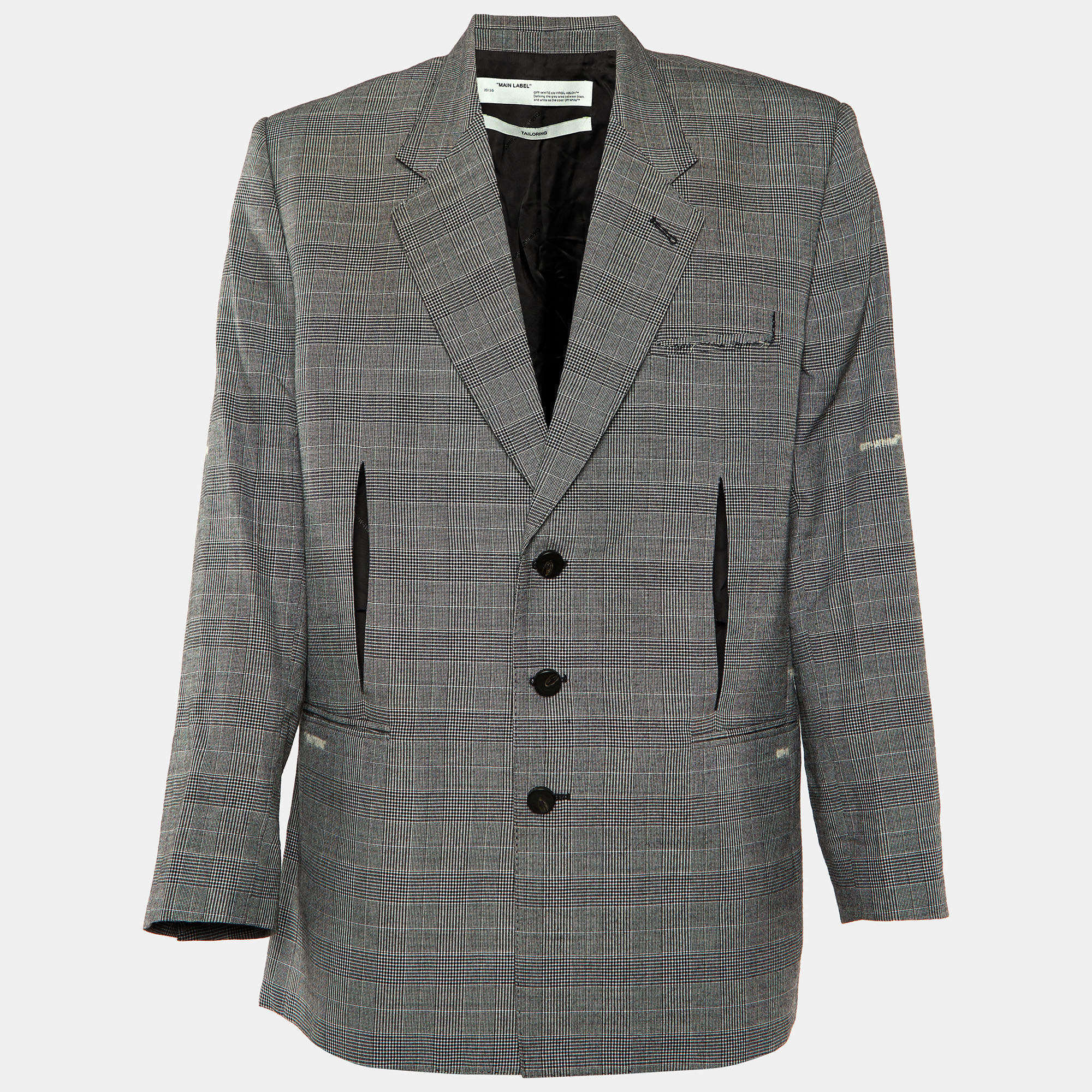 Off-White Black Checked Cotton & Wool Cut-Out Detail Oversized Jacket M
