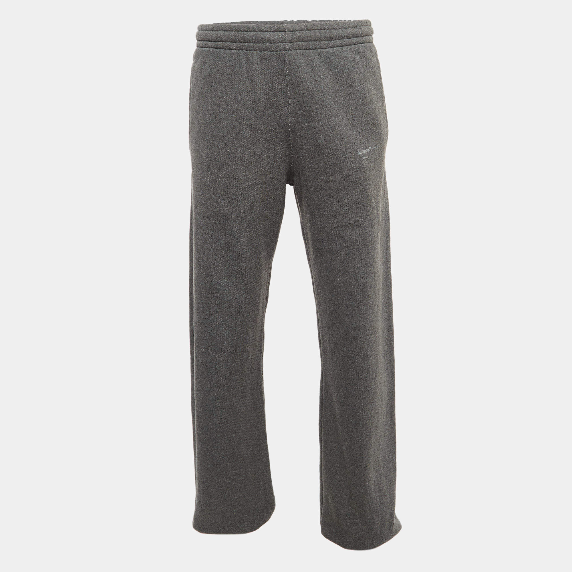 Pre Owned Off-White Grey Logo Print Cotton Drawstring  Joggers L