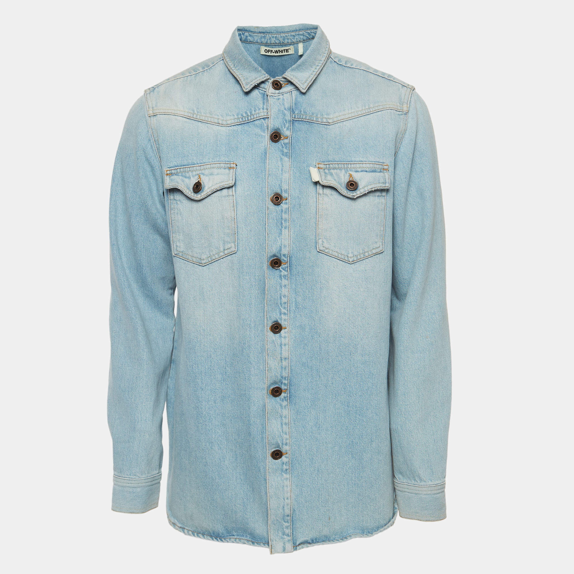 Off-White Blue Washed Print Denim Button Front Shirt M