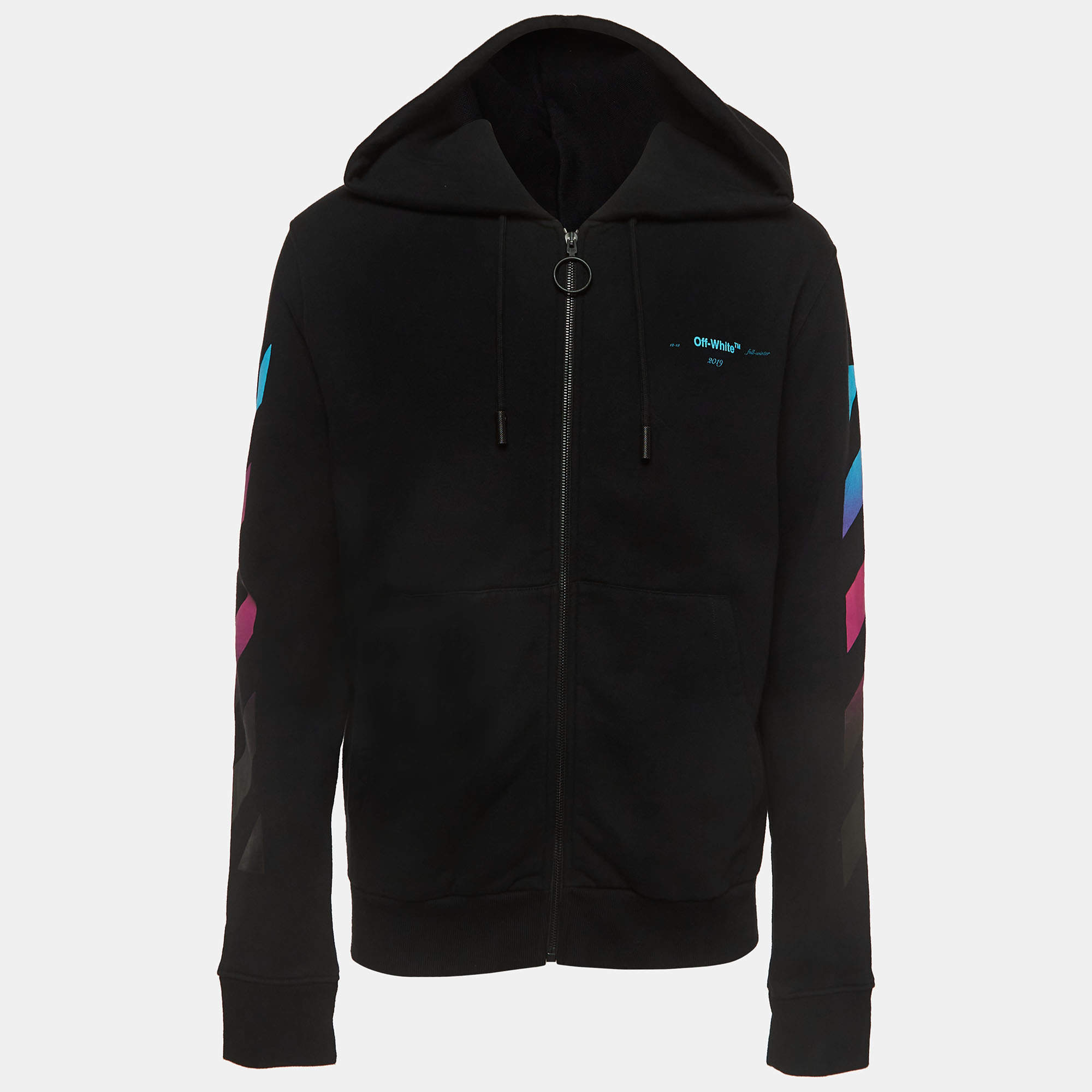 Pre Owned Off-White Black Logo Print Cotton knit Zip Front Hooded Jacket L