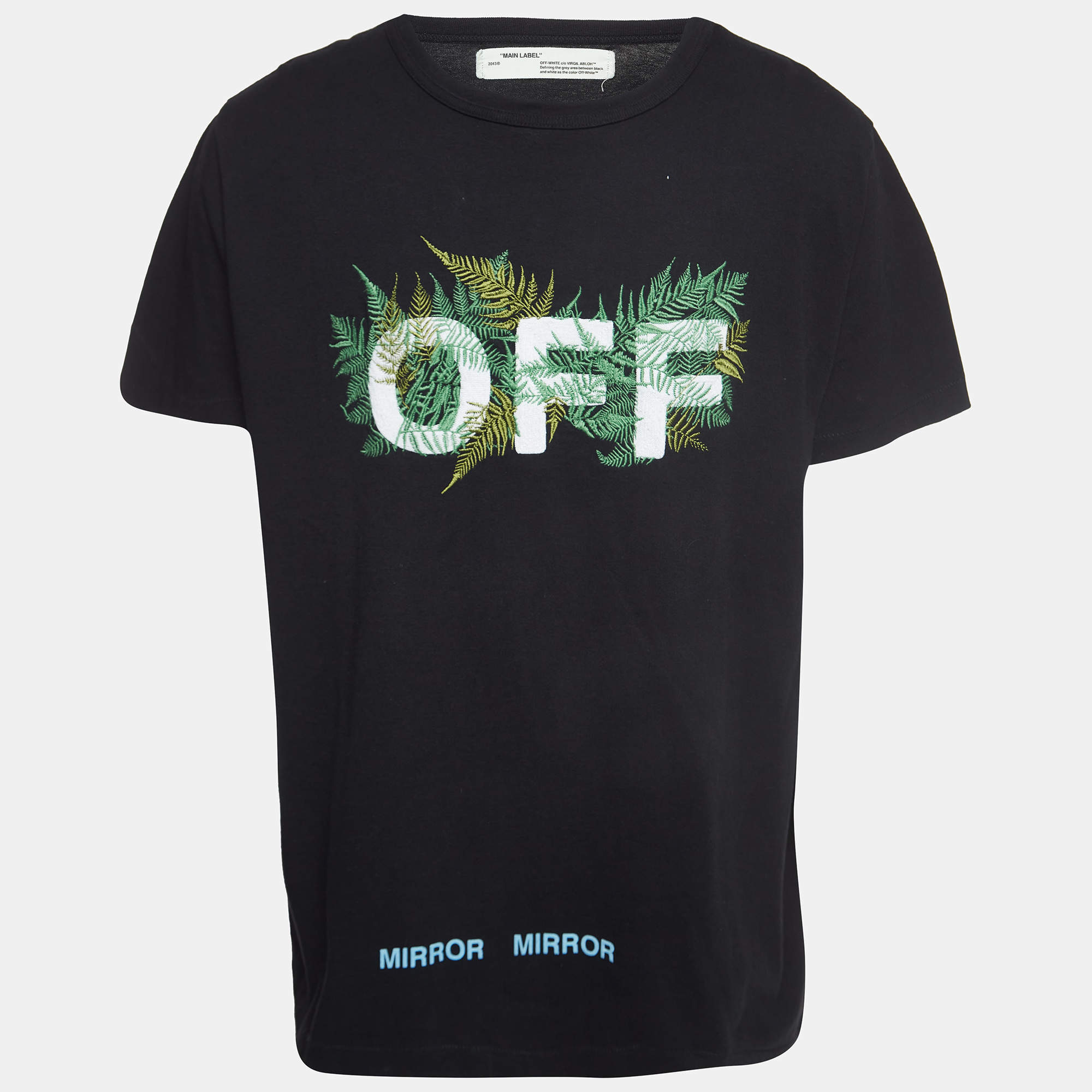 Pre Owned Off-White Black Leaf Embroidered Cotton Crew Neck T-Shirt M