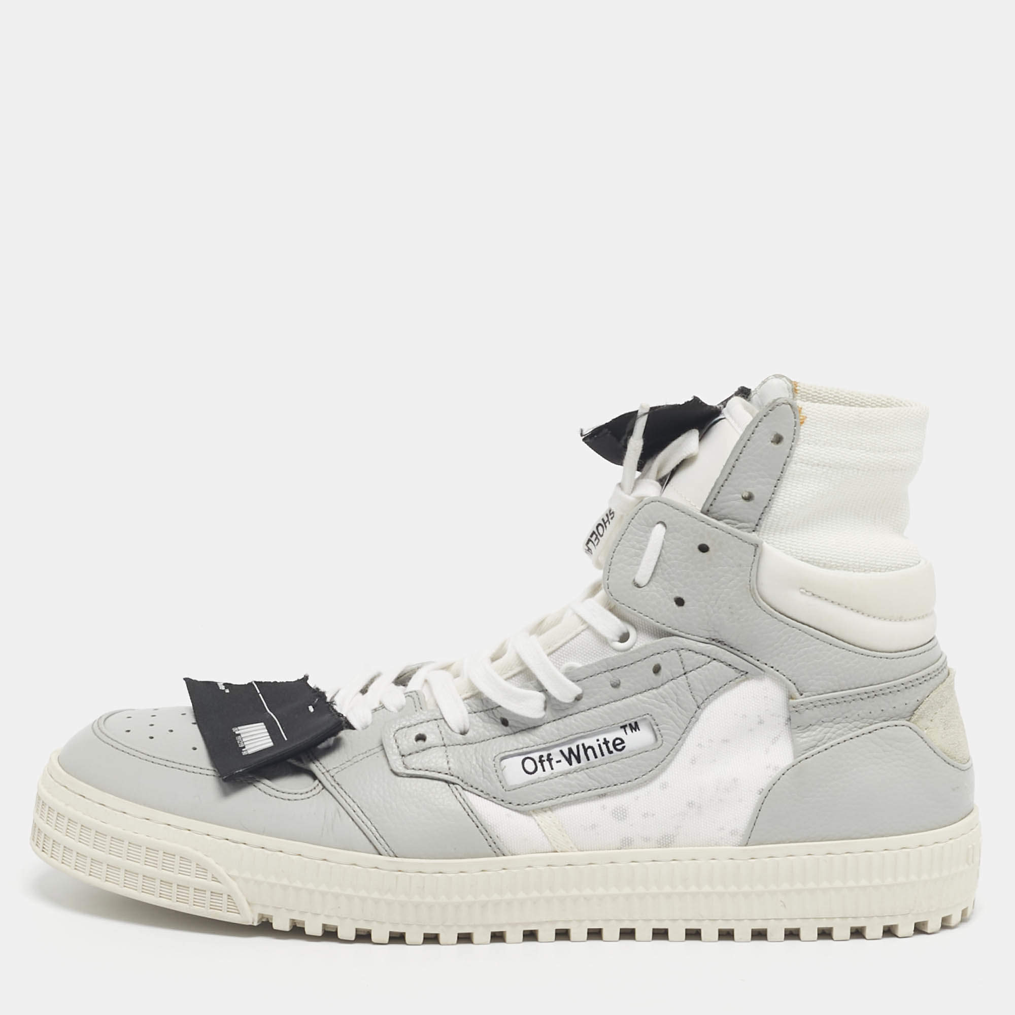 Pre Owned Off-White White/Grey Canvas and Leather Off Court 3.0 High Top Sneakers Size 45