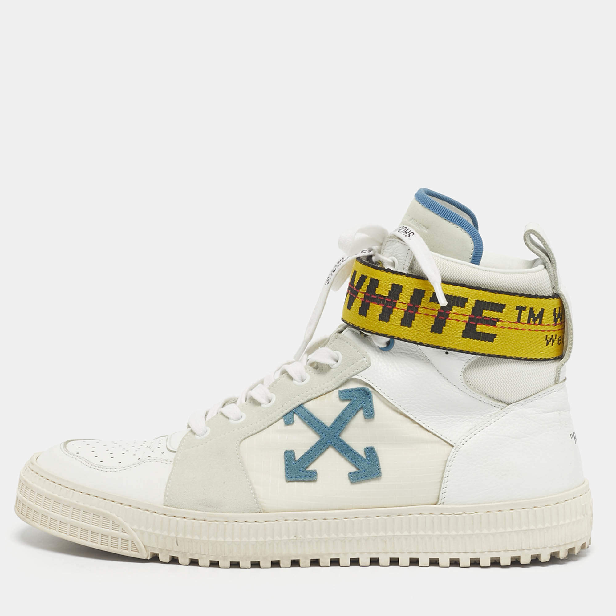 Pre Owned Off-White White Canvas and Leather Industrial High Top Sneakers Size 44