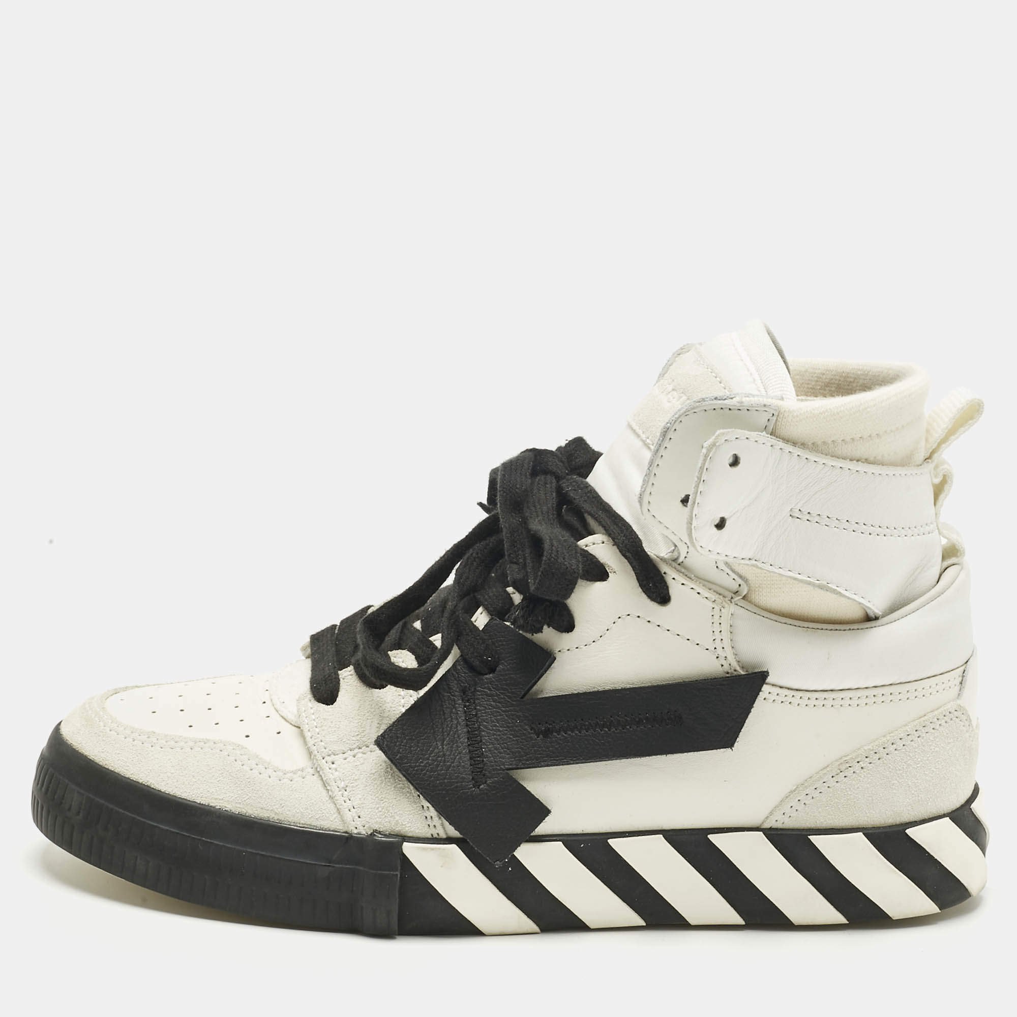 Pre Owned Off-White White/Black Canvas and Suede Vulcanized High Top Sneakers Size 41