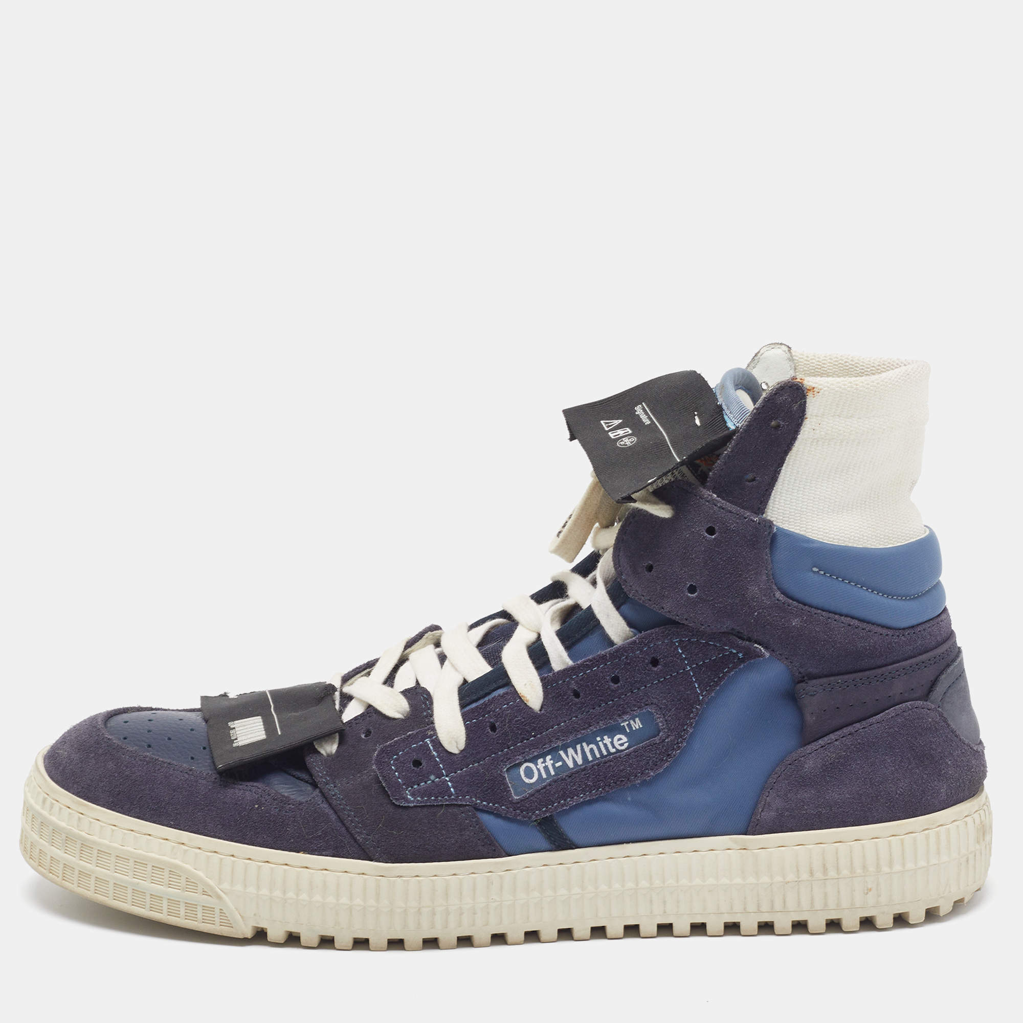 Pre Owned Off-White Off Court Size 44 Blue Nylon and Suede High Top Sneakers