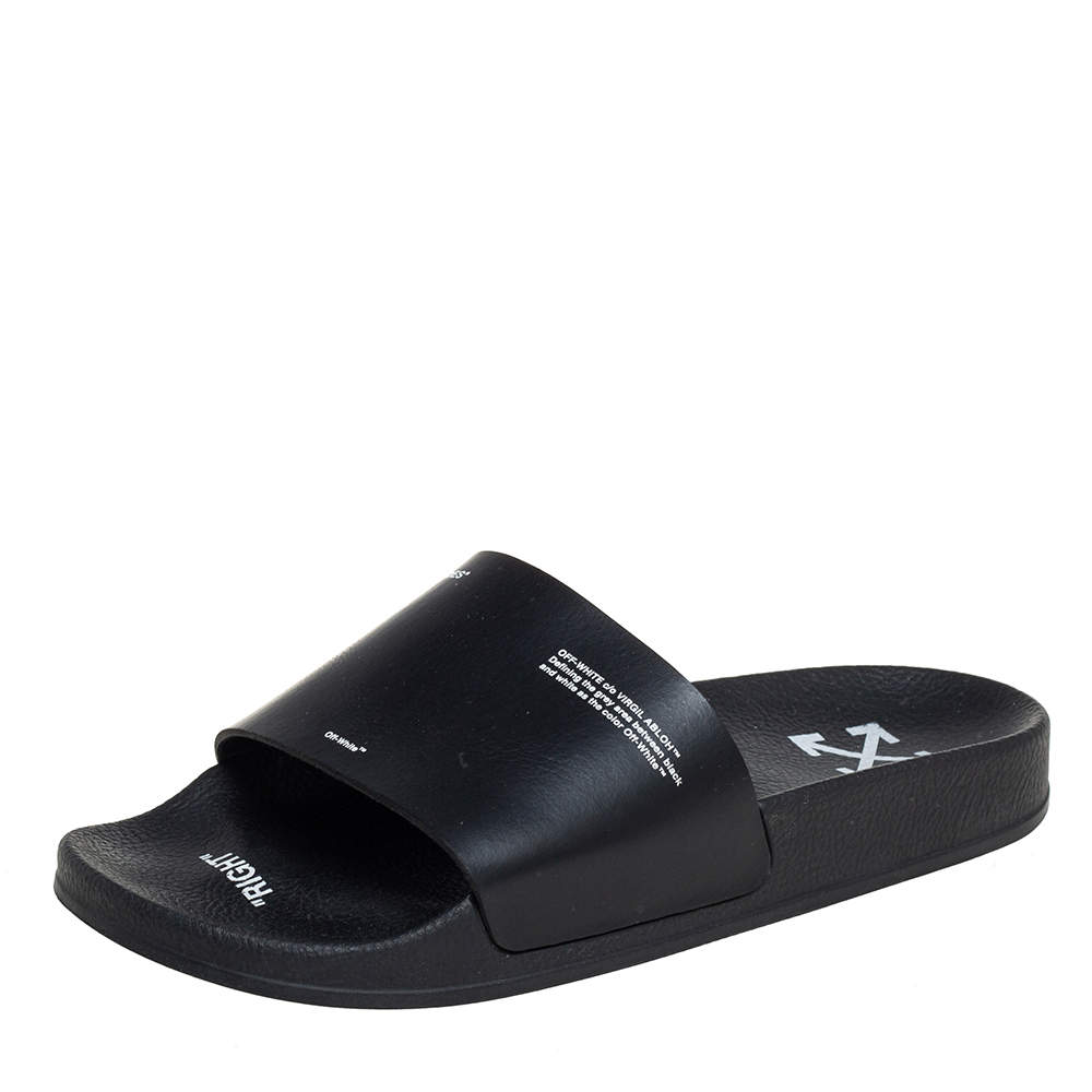 Off-White c/o VIRGIL ABLOH Black Leather Logo Pool Leather Slides Size 40