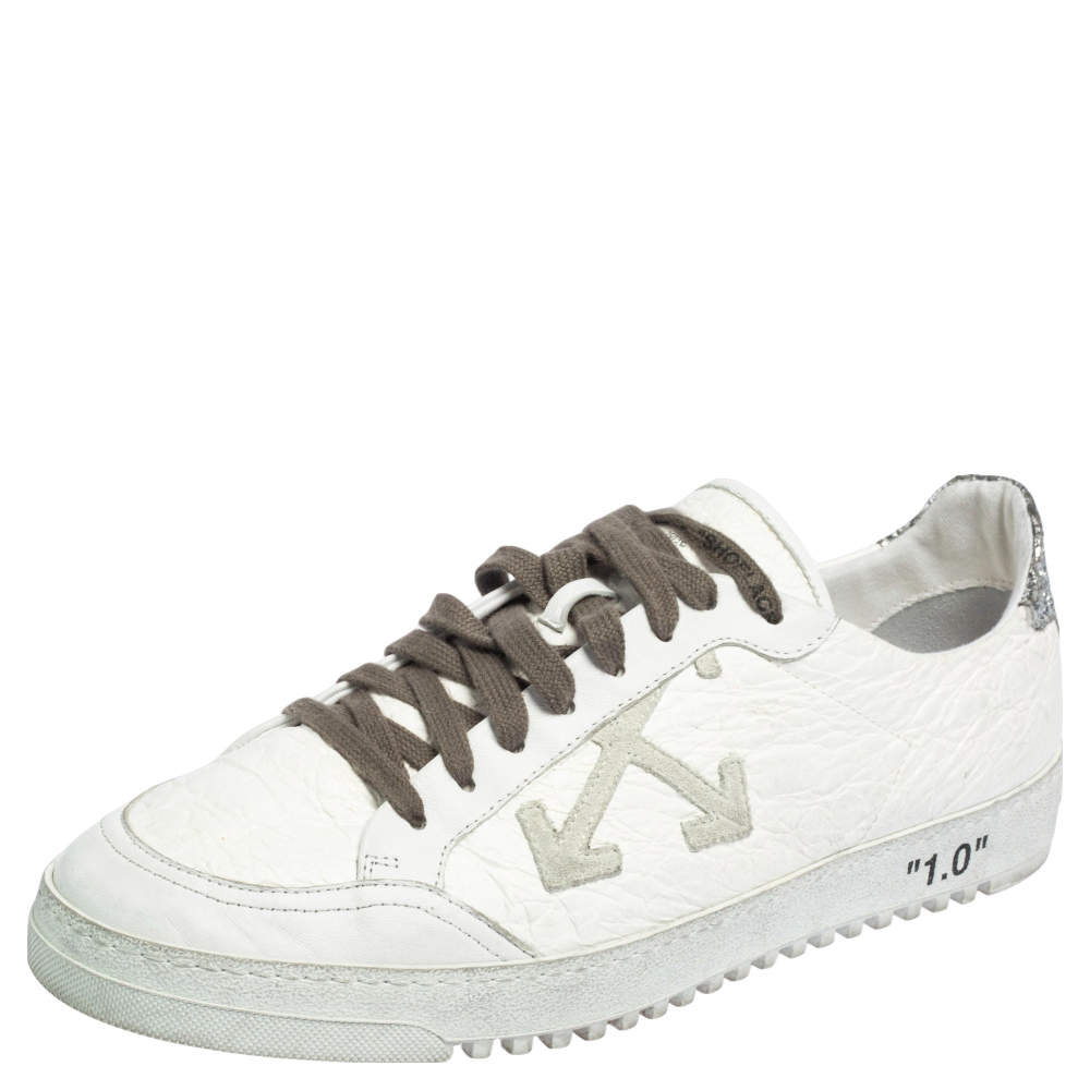 مملوكة مسبقًا  Off-White White/Silver Leather and Glitter Lace Low Top Sneakers Size 44