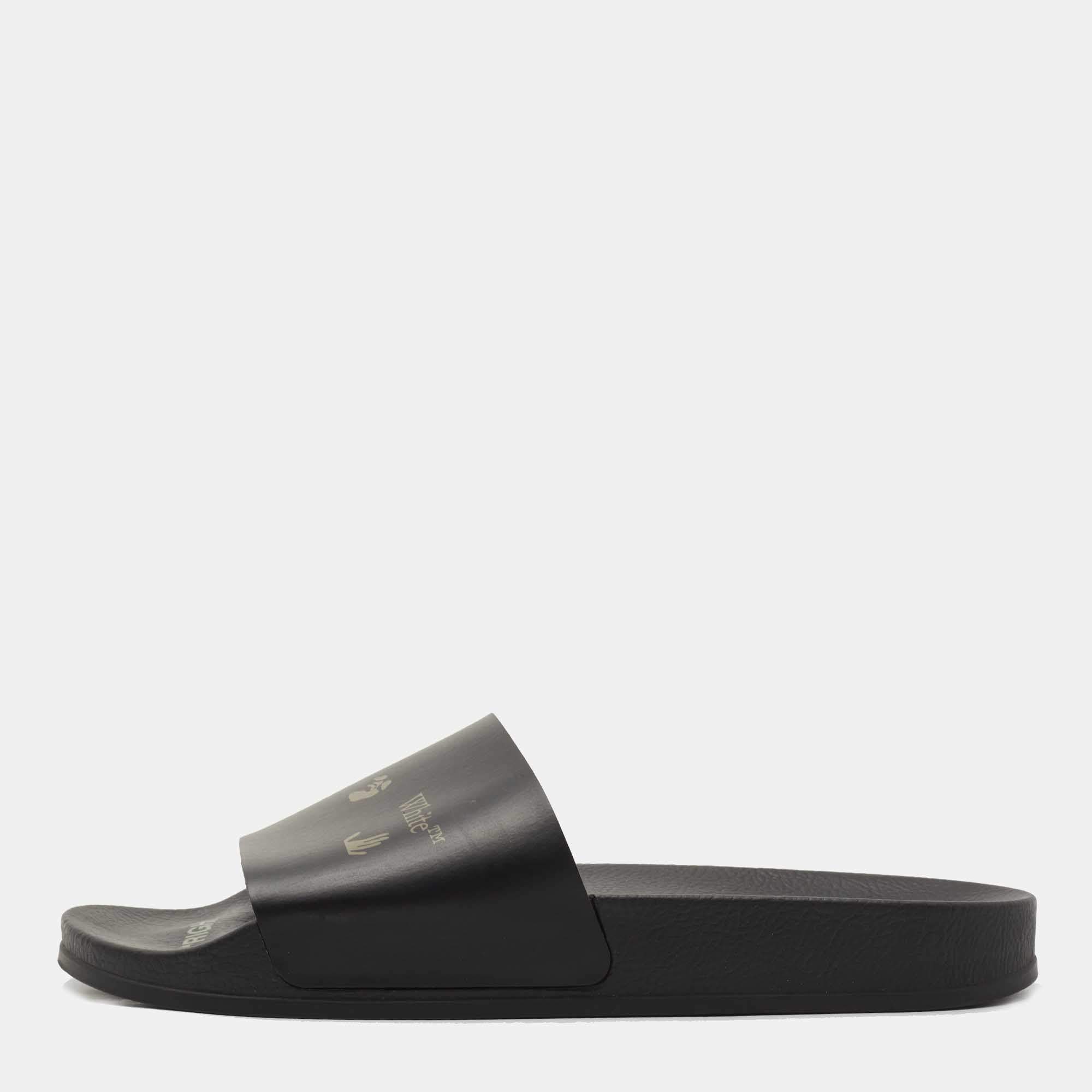 Off-White Black Leather Logo Pool Slides Size 42