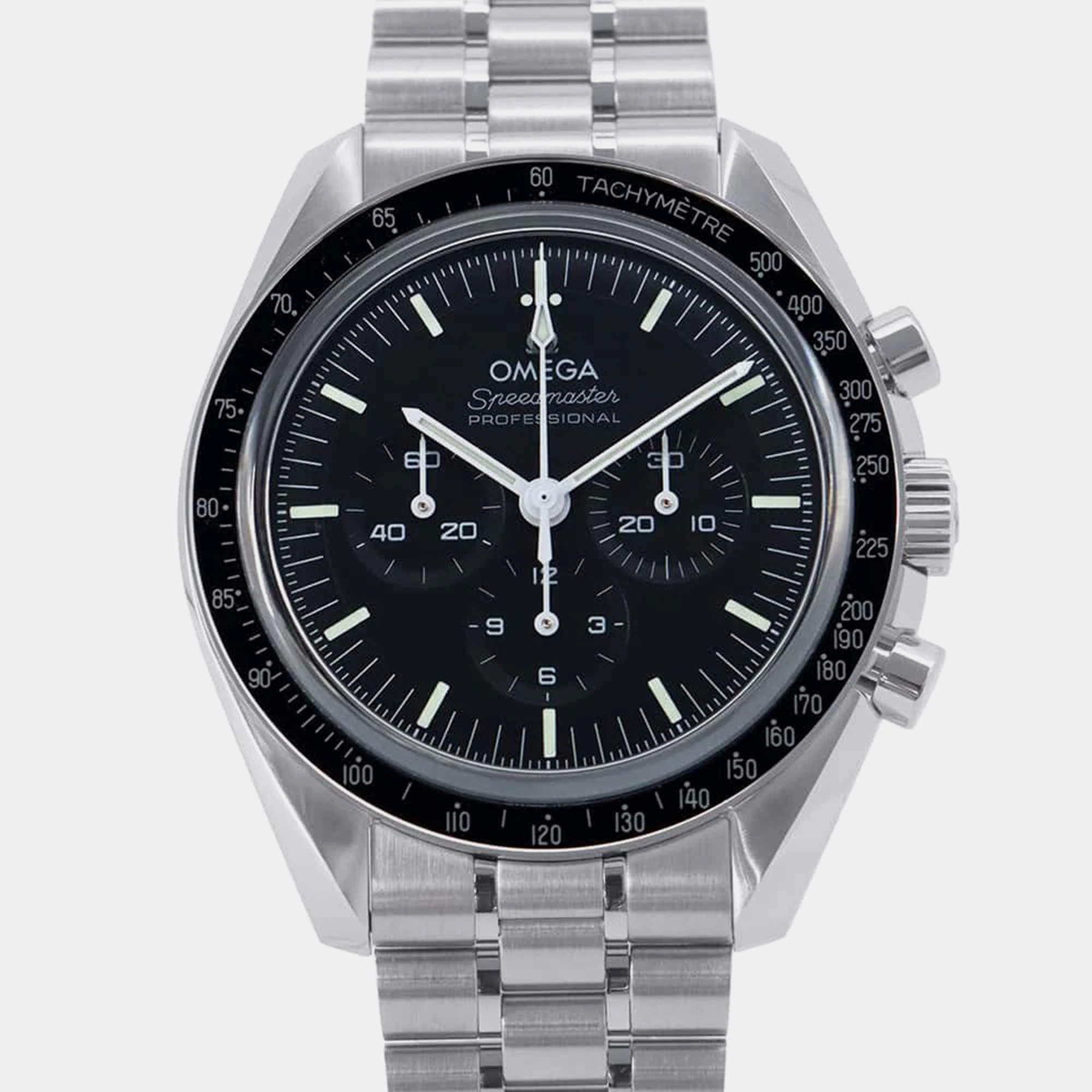 Omega Black Stainless Steel Speedmaster Manual Winding Men's Wristwatch 42 mm