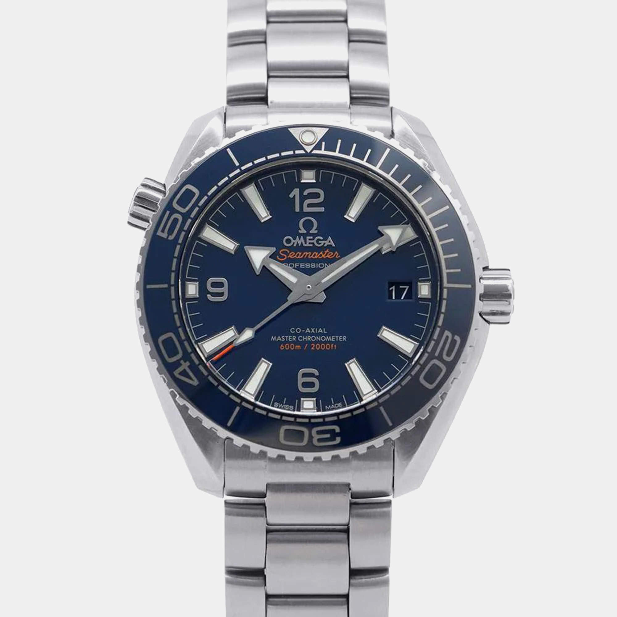 Omega Blue Stainless Steel Seamaster Planet Ocean Automatic Men's Wristwatch 39.5 mm