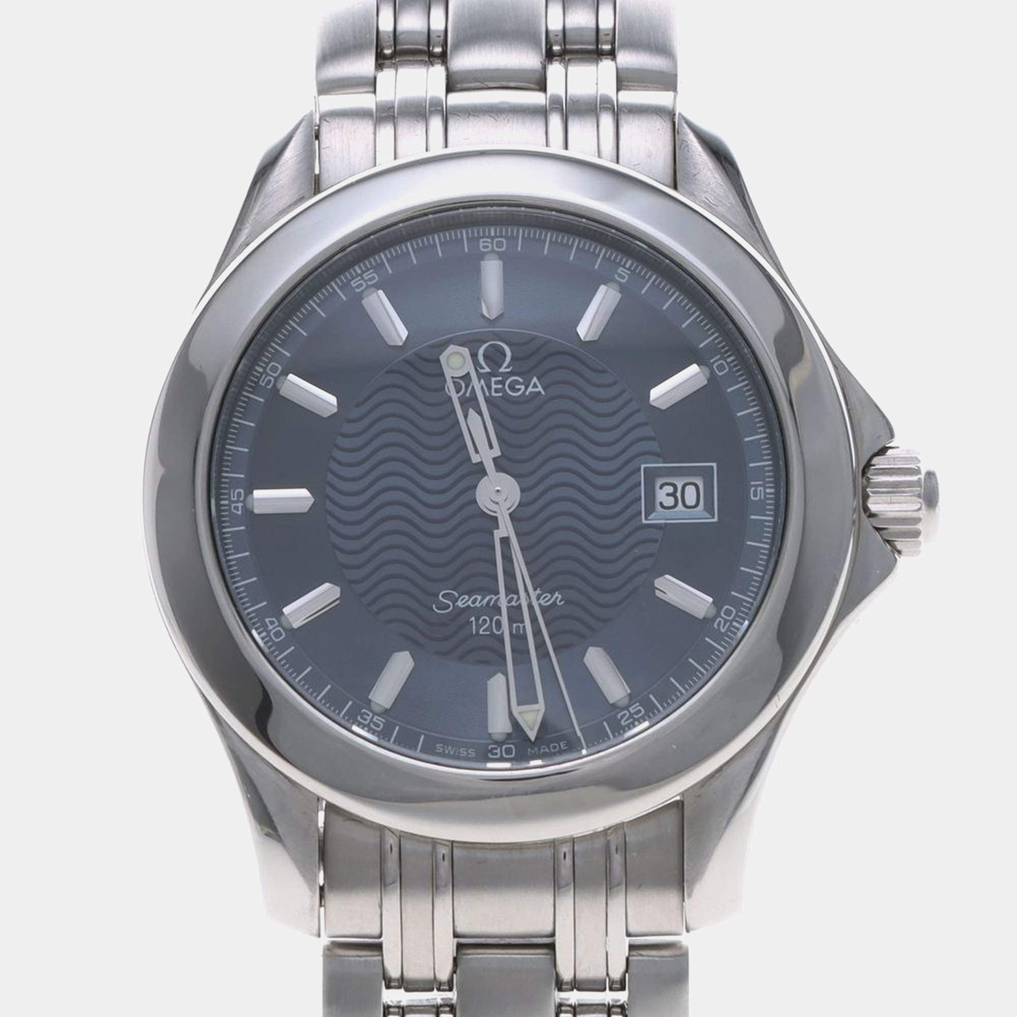 Pre Owned Omega Seamaster Quartz Blue Stainless Steel Men's Wristwatch 36 mm