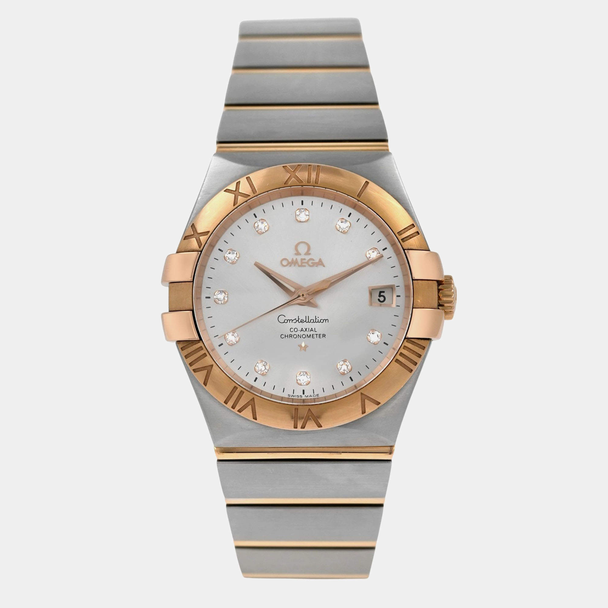 Pre Owned Omega Constellation 123.20.35.20.52.002 Automatic Silver diamonds 18k yellow gold stainless steel Men's Wristwatch 35 mm