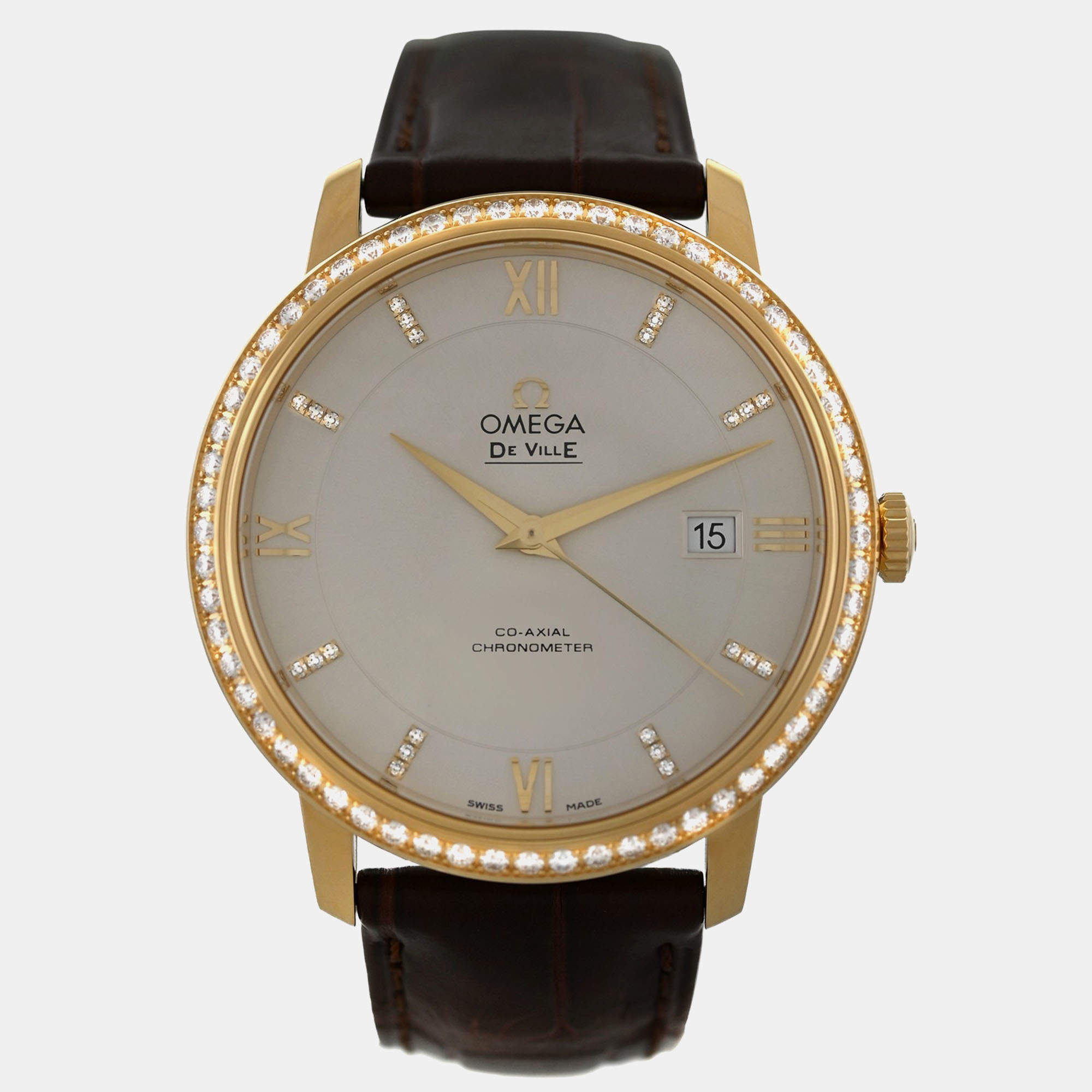 Pre Owned Omega De Ville 42458402052001 Automatic Cream diamonds 18k yellow gold Men's Wristwatch 39.5 mm