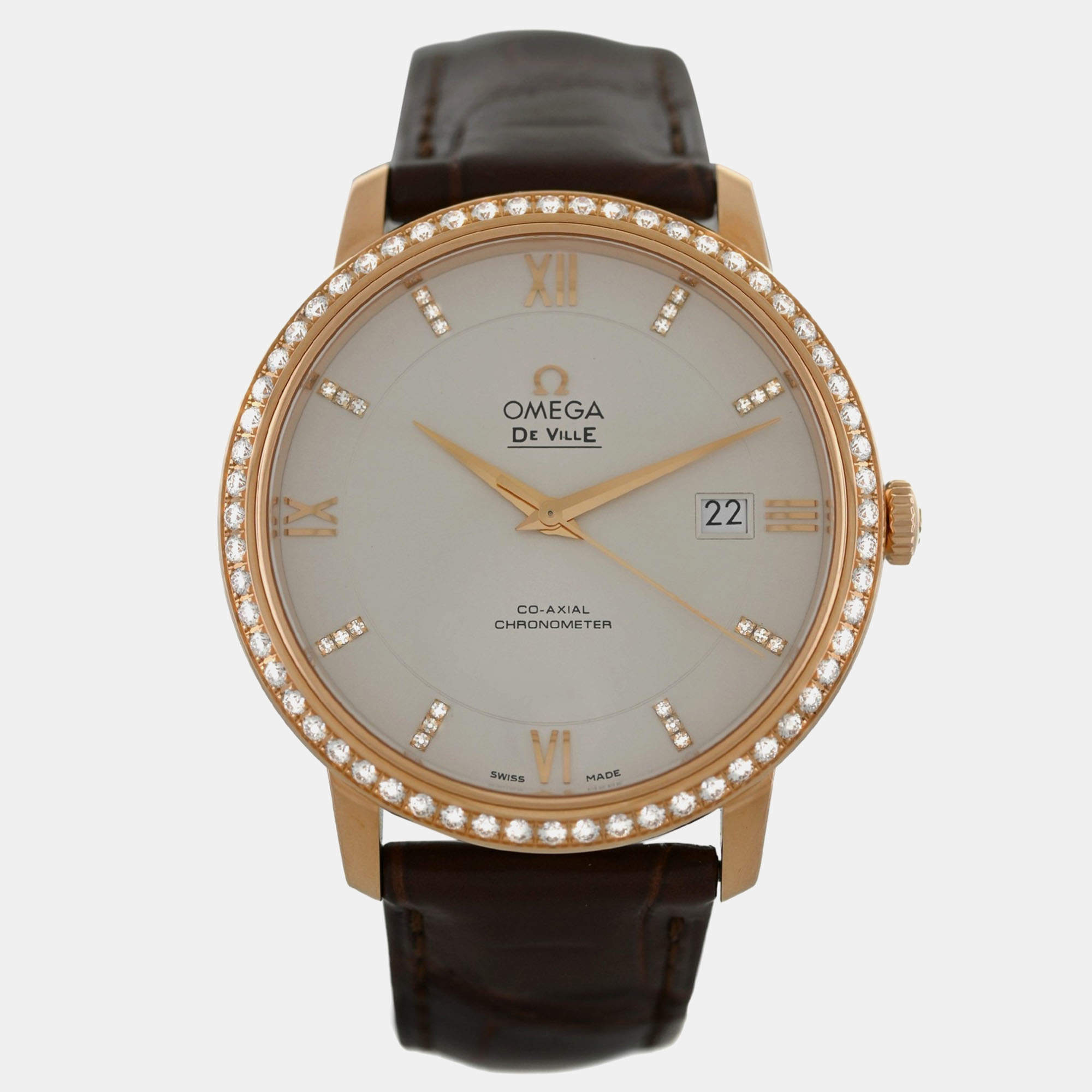 Pre Owned Omega De Ville 42458402052002 Automatic Cream diamonds 18k Rose gold Men's Wristwatch 39.5 mm