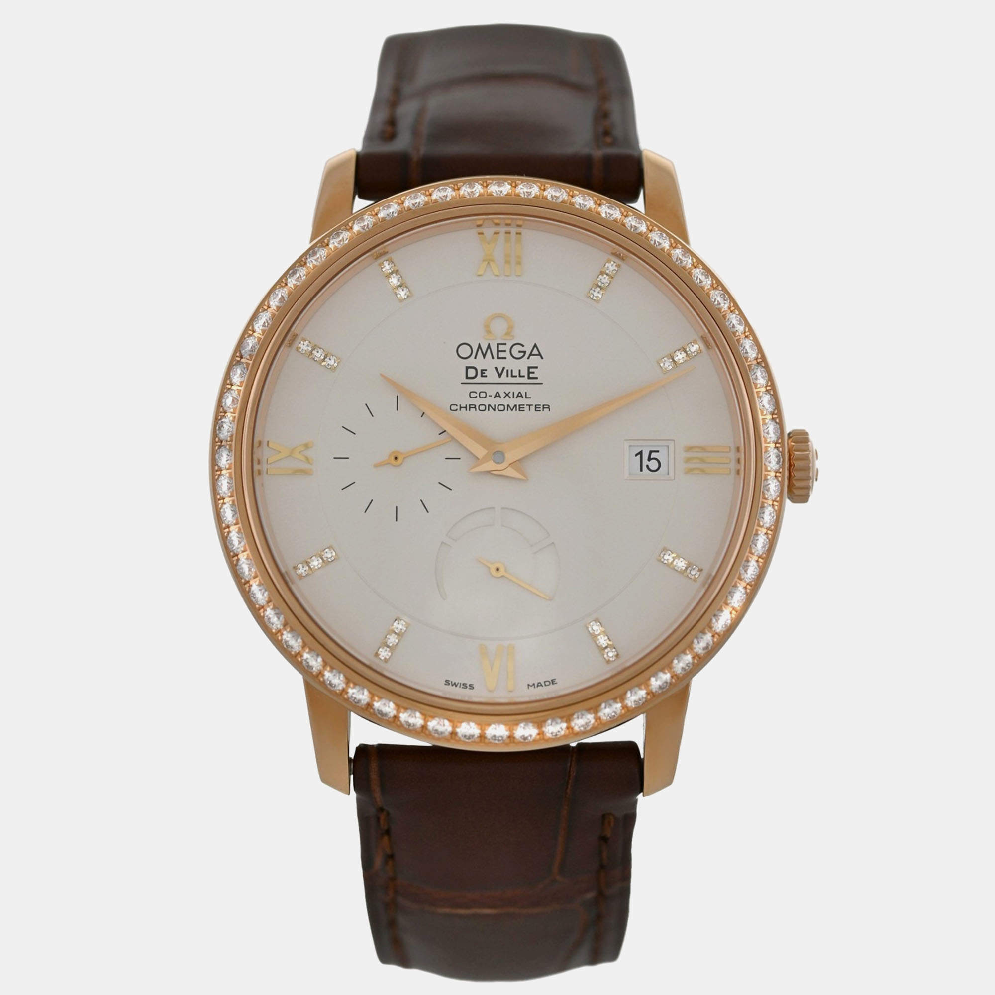Pre Owned Omega De Ville 42458402052002 Automatic Cream diamonds 18k Rose gold Men's Wristwatch 39.5 mm