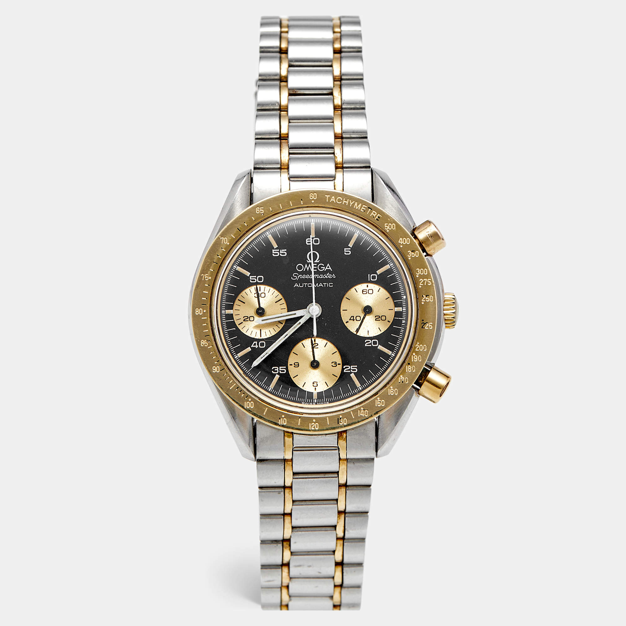 Pre Owned Omega Vintage Speedmaster DA175.0033 Black Dial 18k Yellow Gold Stainless Steel Men's Wristwatch 39 mm