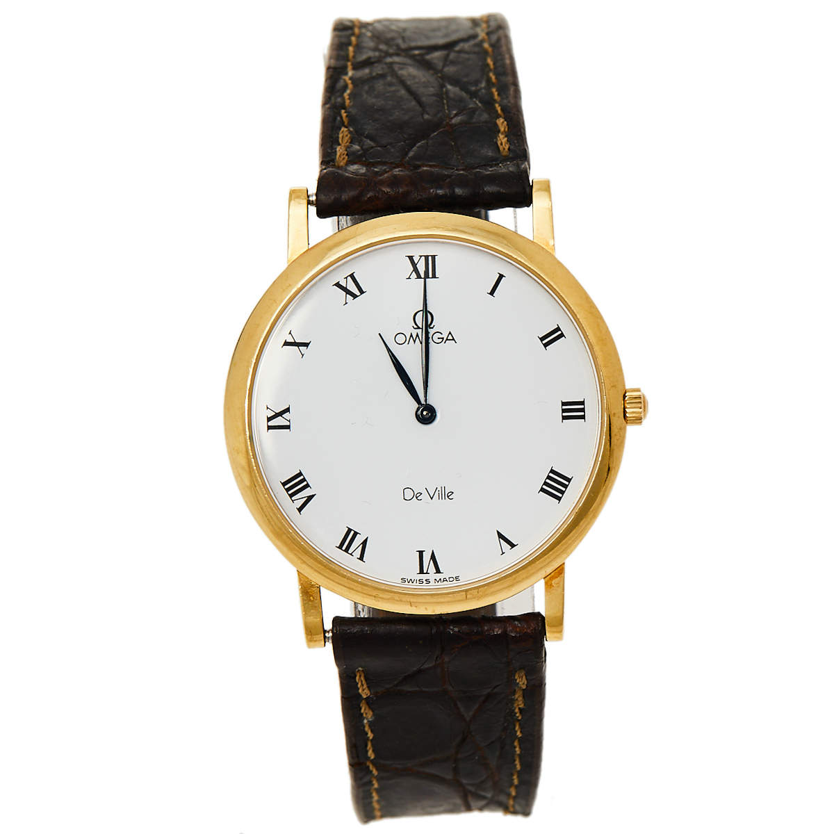 Omega Vintage White 18K Yellow Gold & Leather De Ville 195.2378 Men's Wristwatch 32 mm