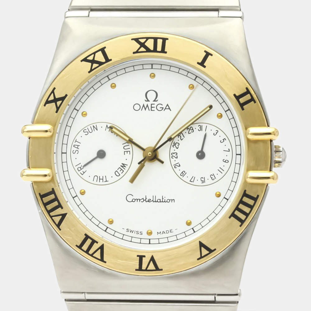 Pre Owned Omega White 18K Yellow Gold And Stainless Steel Constellation Day Date 396.1070 Men's Wristwatch 33 mm