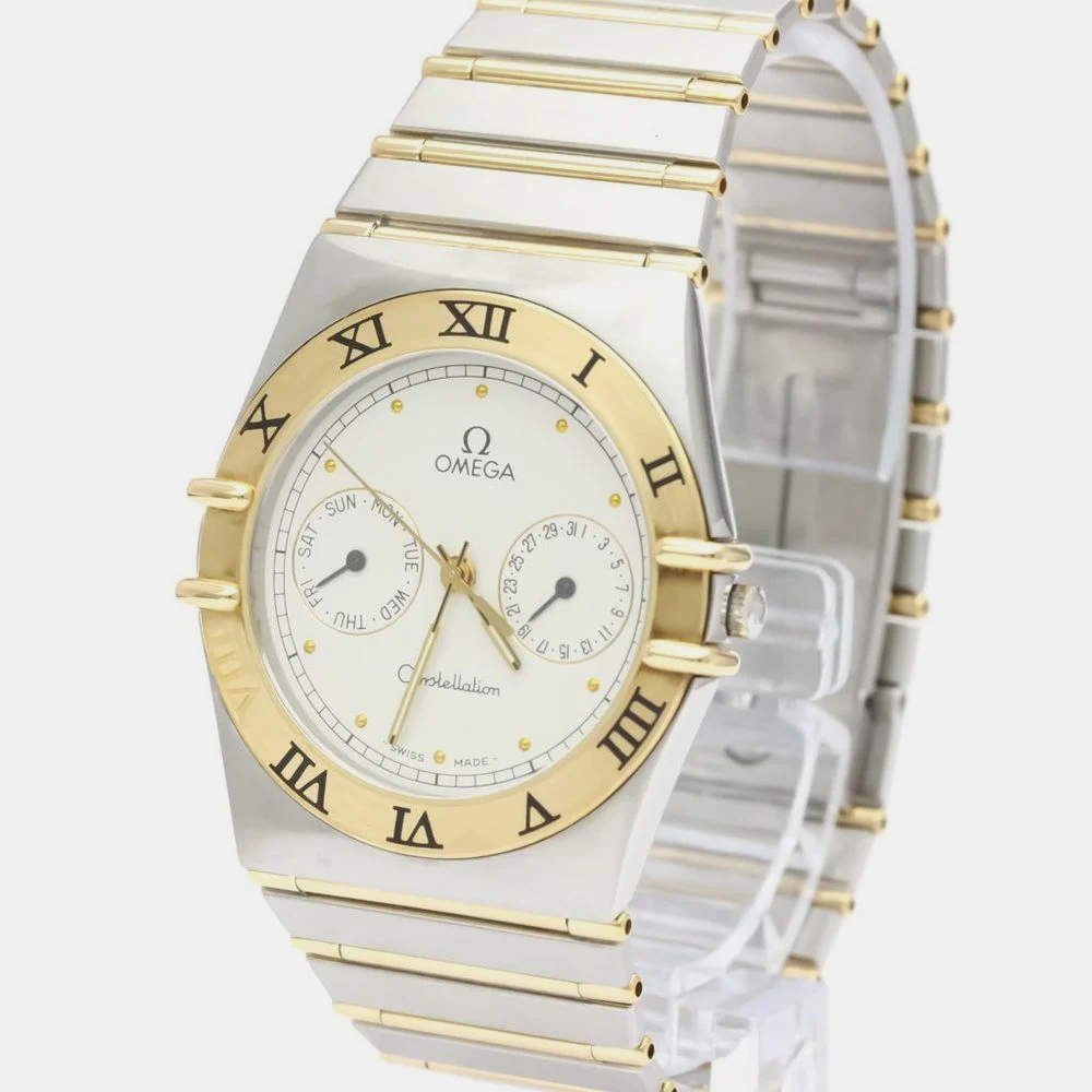Omega White 18K Yellow Gold And Stainless Steel Constellation 396.1070 Quartz Men's Wristwatch 33 mm