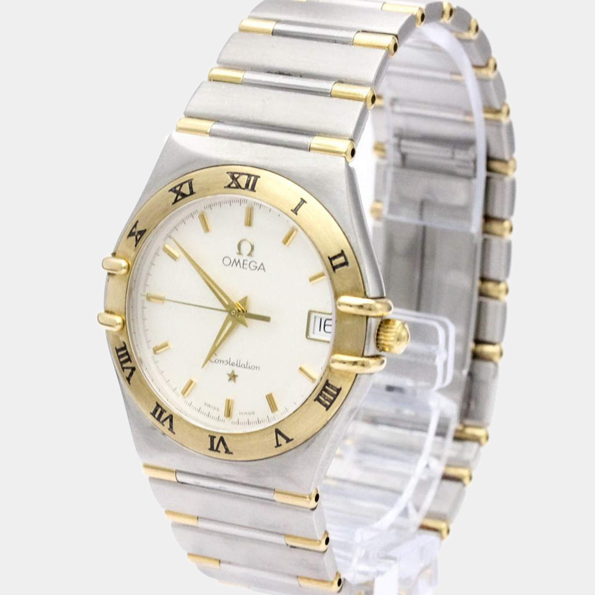 Omega Silver 18k Yellow Gold And Stainless Steel Constellation 1312.30 Quartz Men's Wristwatch 33 mm