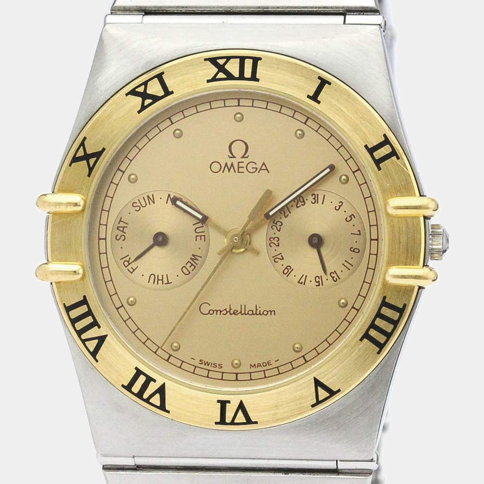 Pre Owned Omega Champagne 18K Yellow Gold And Stainless Steel Constellation 396.1070 Men's Wristwatch 33 mm