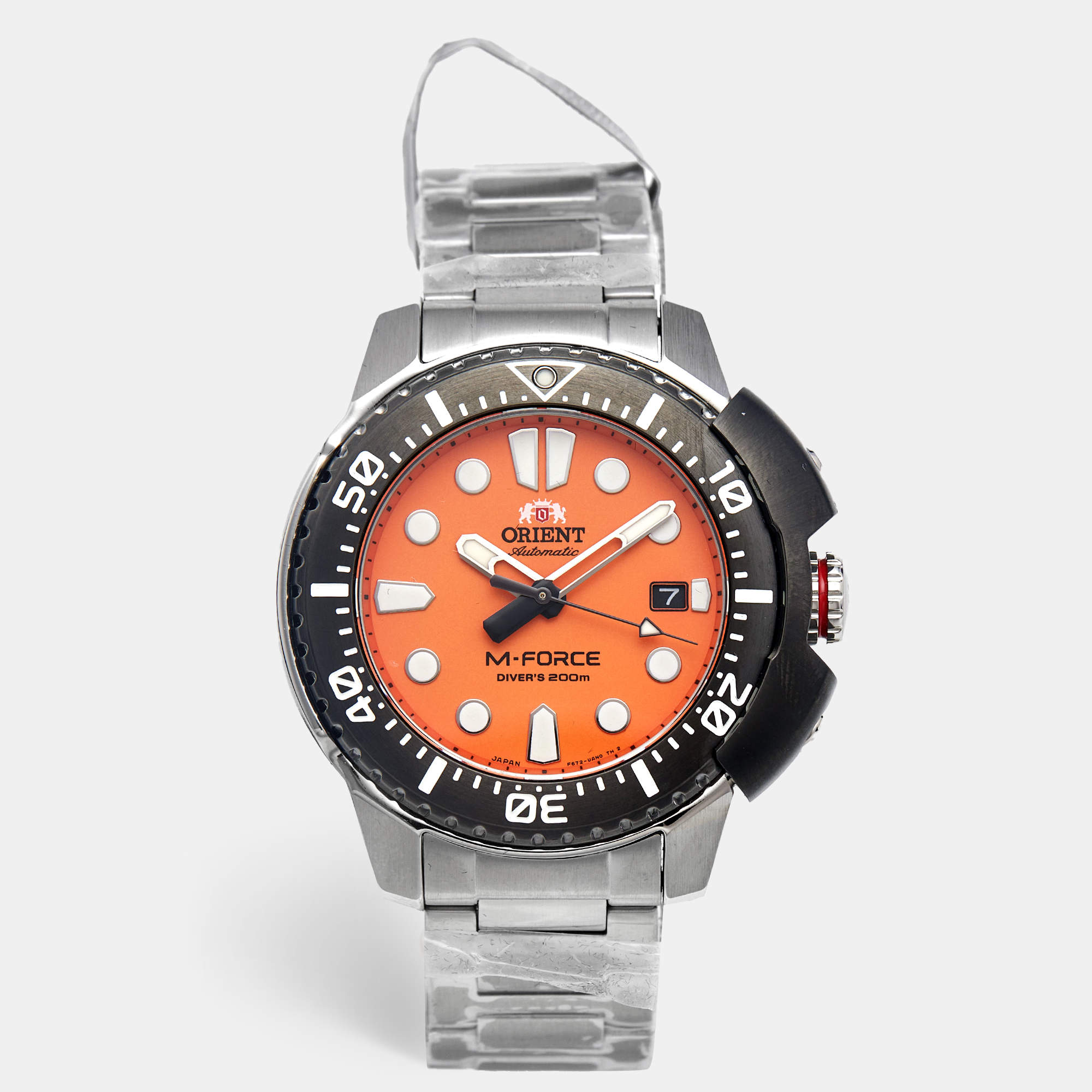 Pre Owned Orient M-Force RA-AC0L08Y00B Orange Dial Stainless Steel Men's Wristwatch 45 mm