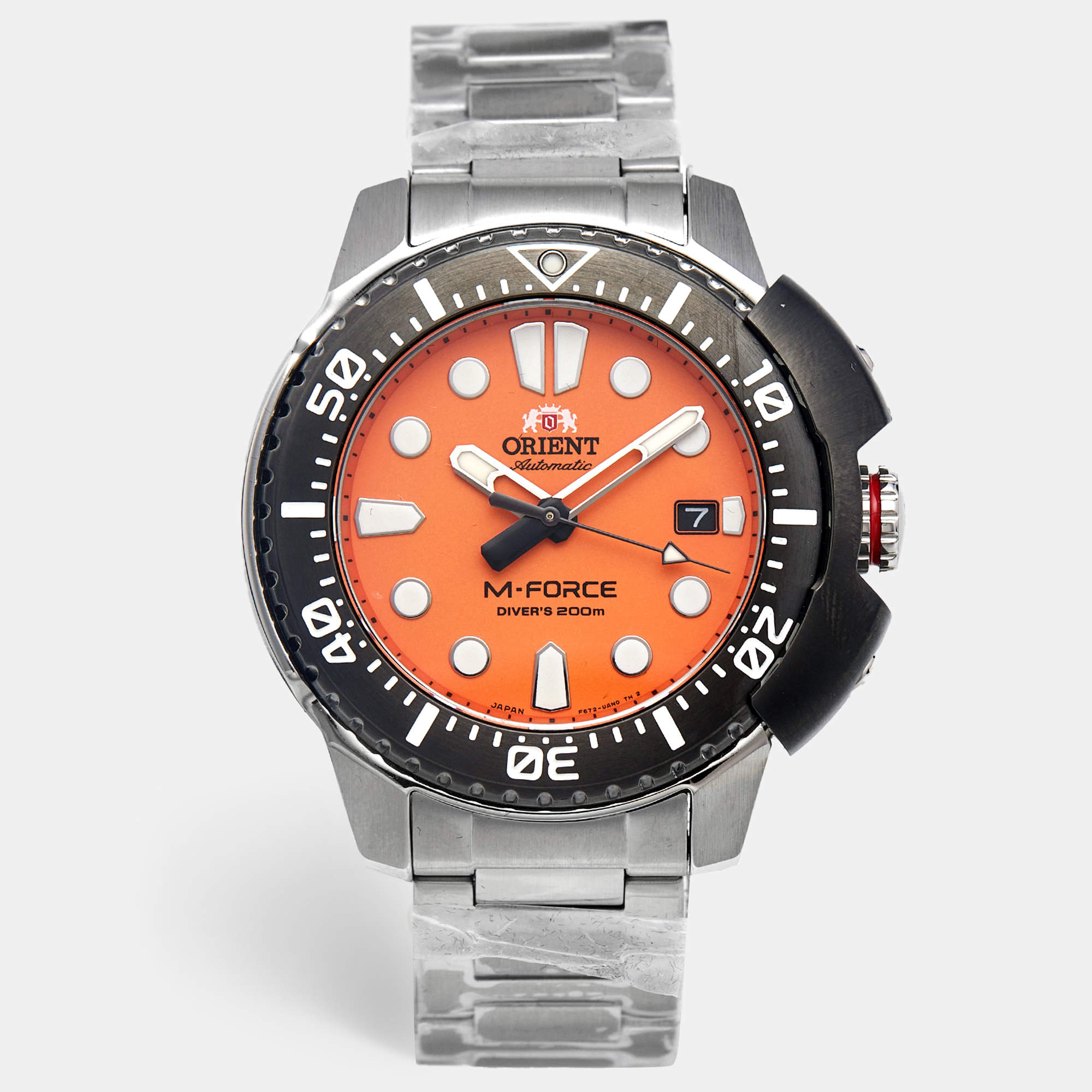 Pre Owned Orient M-Force RA-AC0L08Y00B Orange Dial Stainless Steel Men's Wristwatch 45 mm