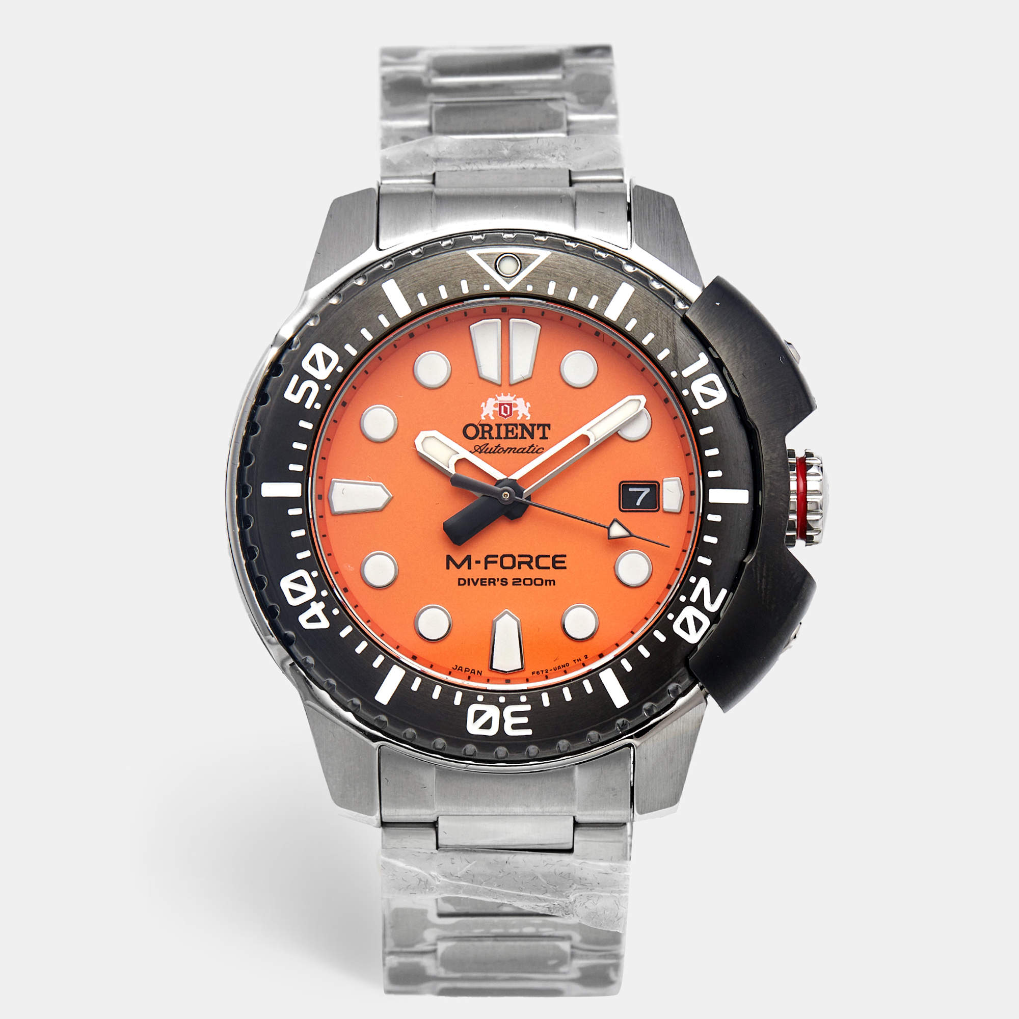 Pre Owned Orient M-Force RA-AC0L08Y00B Orange Dial Stainless Steel Men's Wristwatch 45 mm