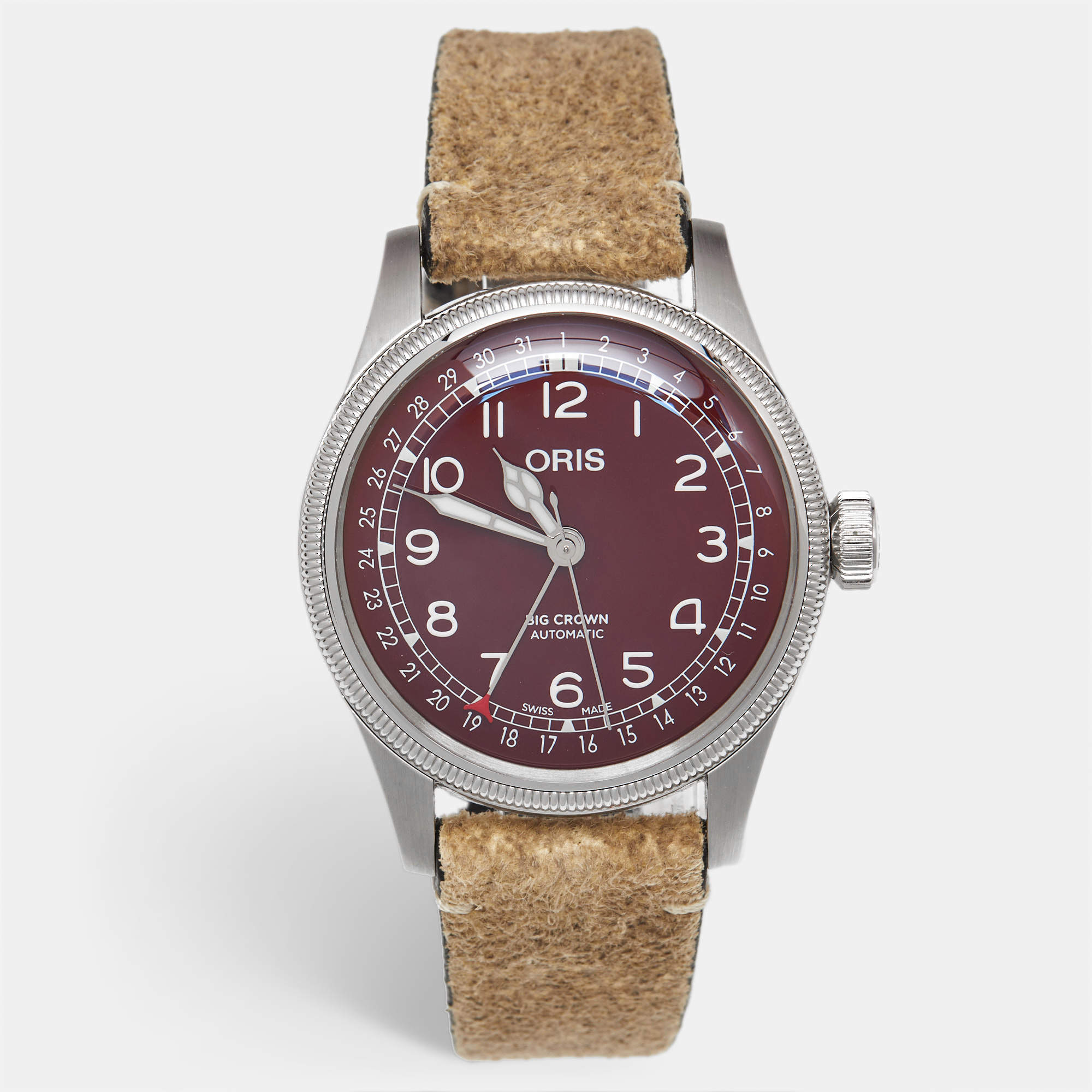 Pre Owned Oris Big Crown Pointer Date 01 754 7741 4068 Red Dial Stainless Steel Leather Men's Wristwatch 40 mm