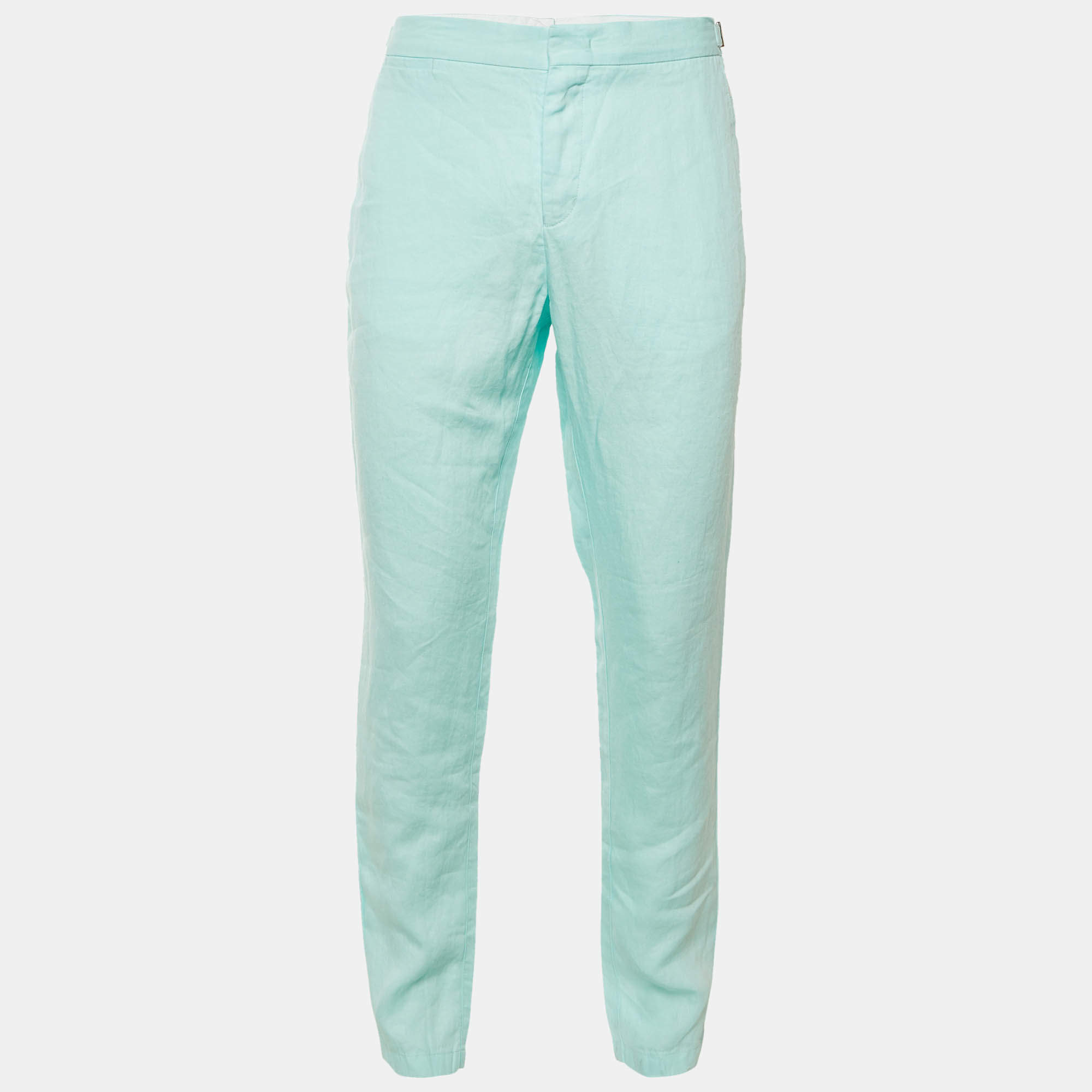 Pre Owned Orlebar Brown Turquoise Blue Linen Griffon Trousers L/Waist 34"