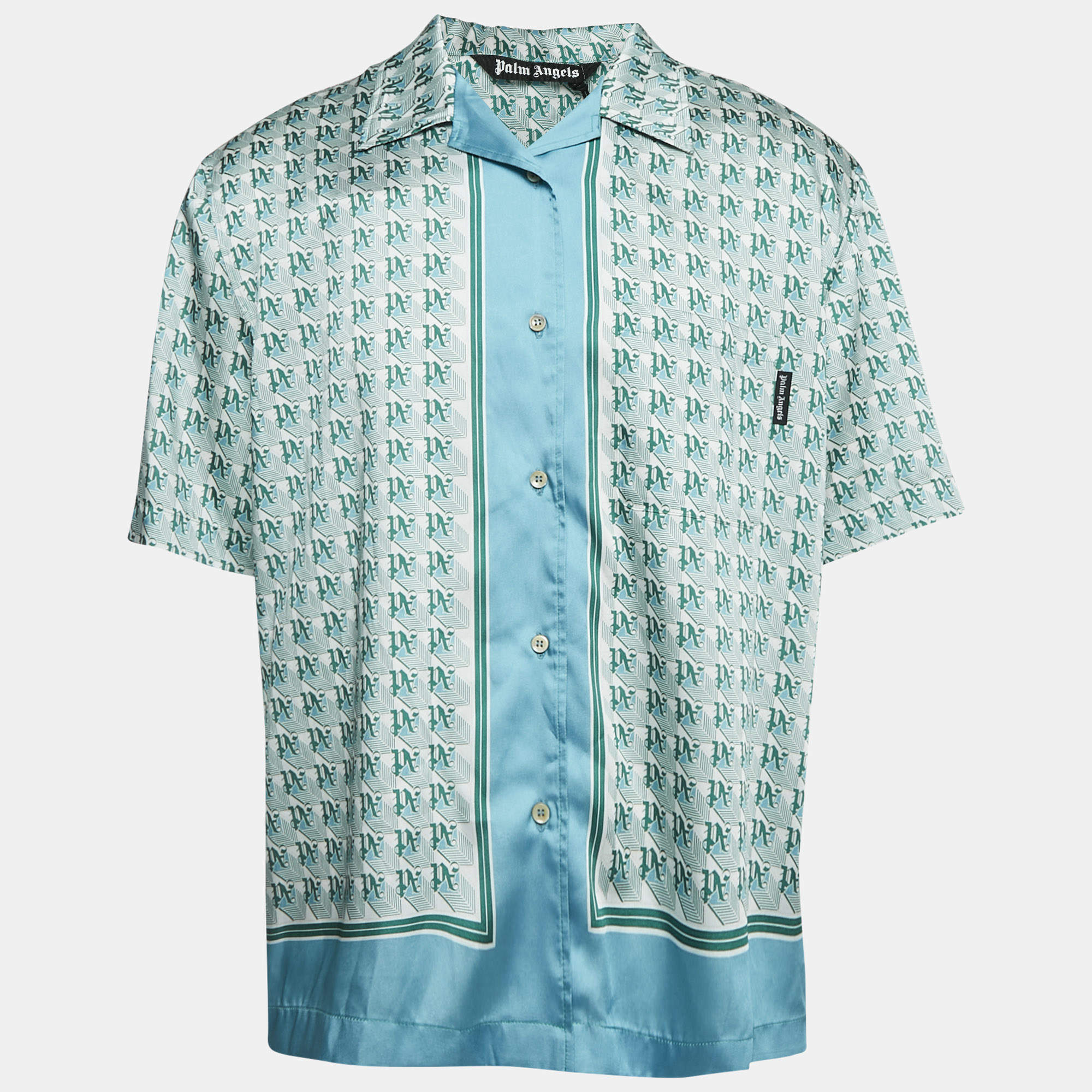 Pre Owned Palm Angels Green PA Diamond Print Satin Short Sleeves Shirt XXL