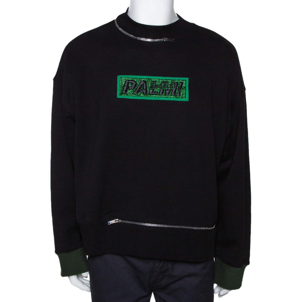 Pre Owned Palm Angels Black Cotton Metal Logo & Zip Detail Sweatshirt M