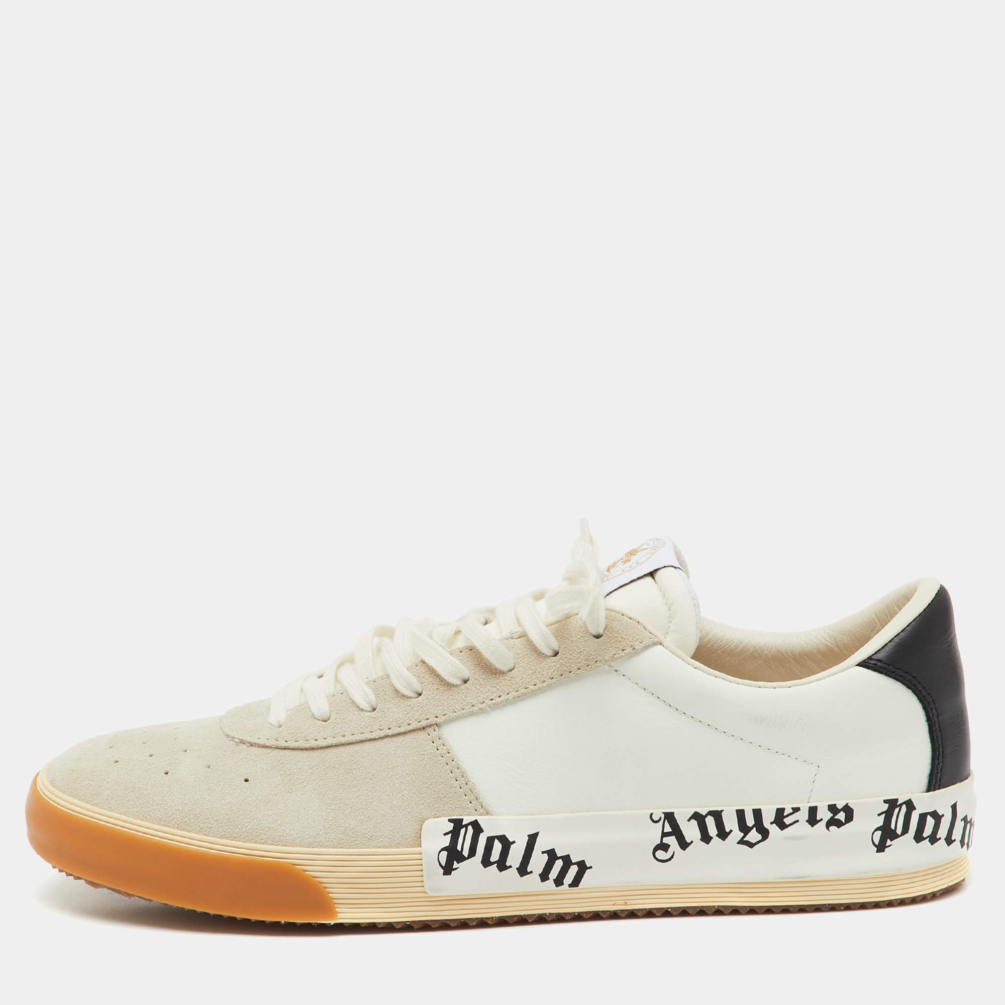 Pre Owned Palm Angels White/Beige Leather and Suede Vulcanized Low Top Sneakers Size 46