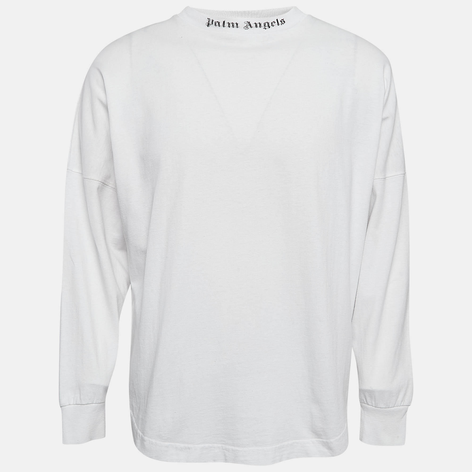 Pre Owned Palm Angels White Logo Print Cotton Knit Crew Neck Sweatshirt XS