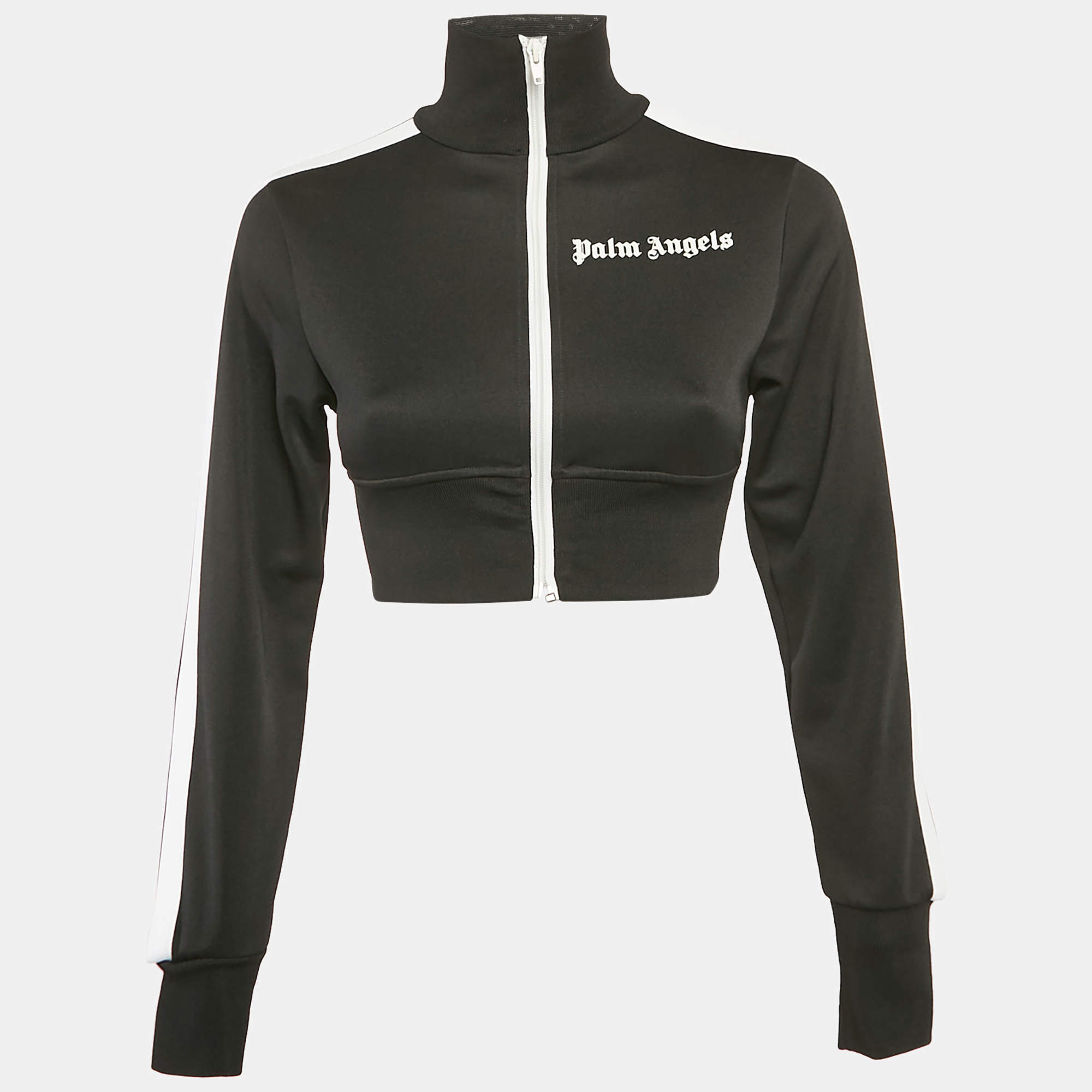 Palm Angels Black Logo Print Jersey Zip-Up Cropped Jacket XS