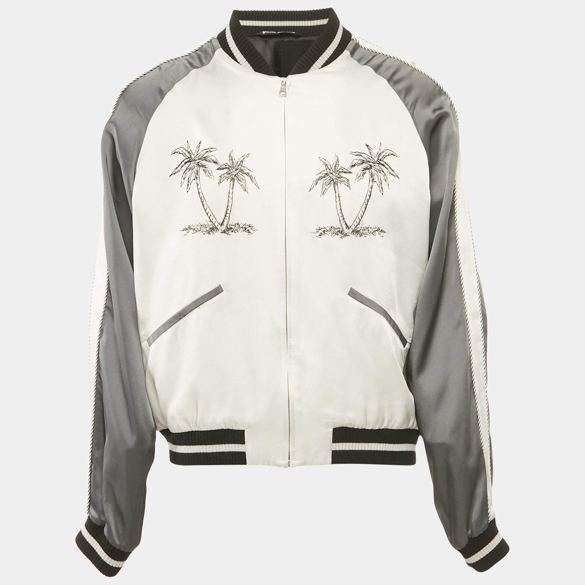 Palm Angels Grey Palm Embroidered Satin Zip-Up Bomber Jacket L