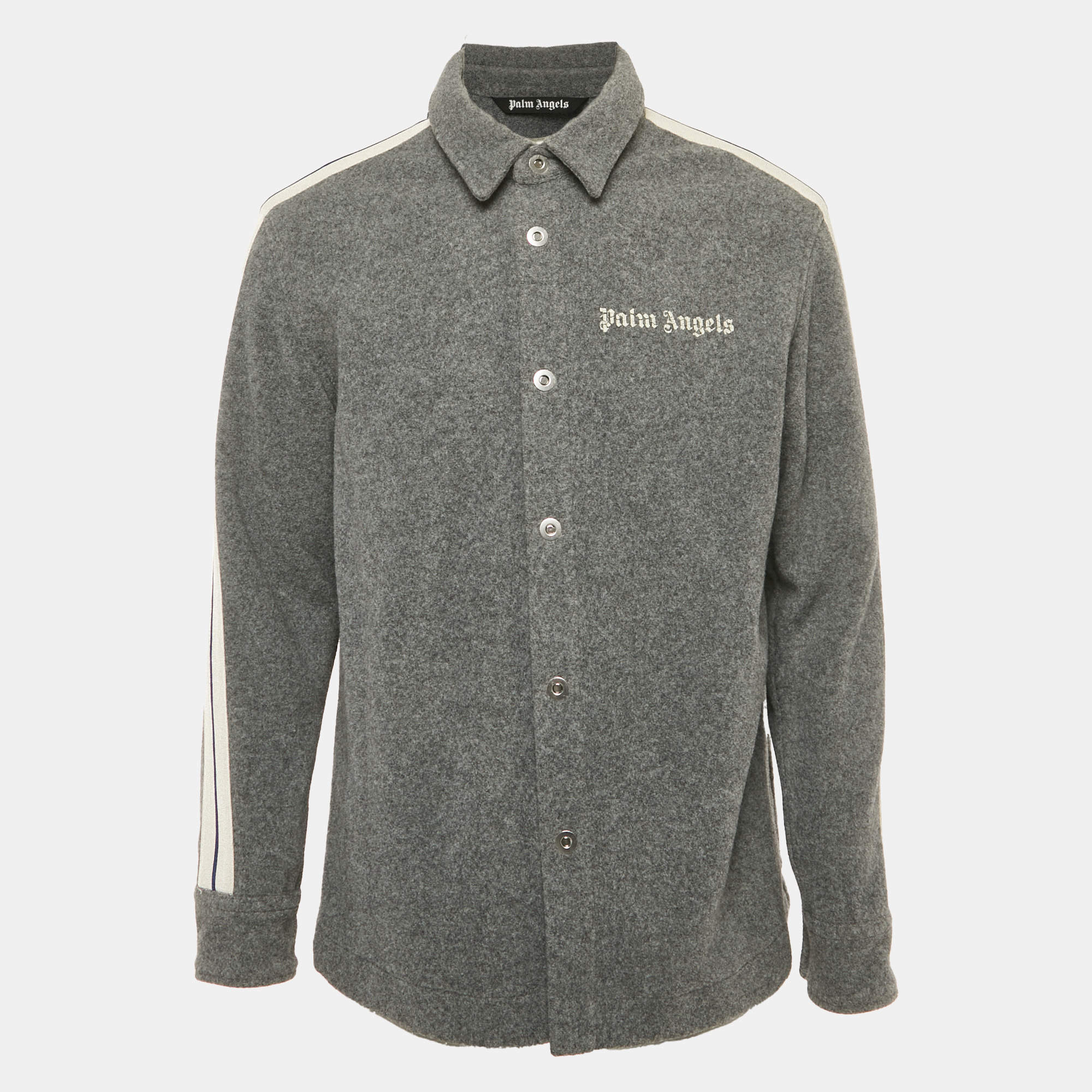 Pre Owned قميص بالم أنجلز صوف مزيج رمادي بتفاصيل خط رياضية مقاس متوسط