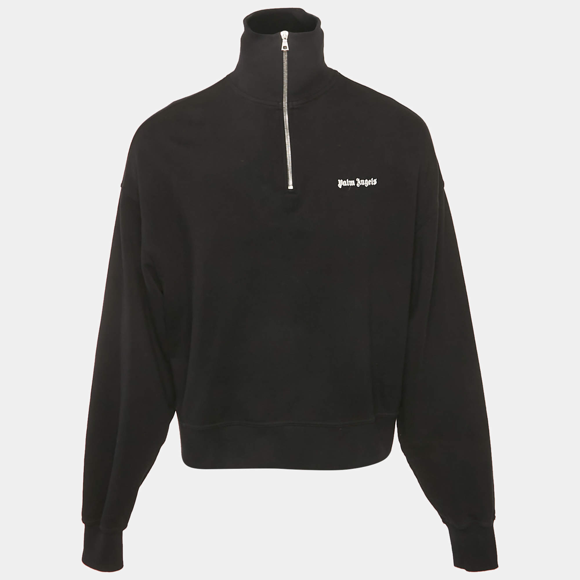 مملوكة مسبقًا Palm Angels Black Logo Embroidered Cotton Half Zip Sweatshirt XS