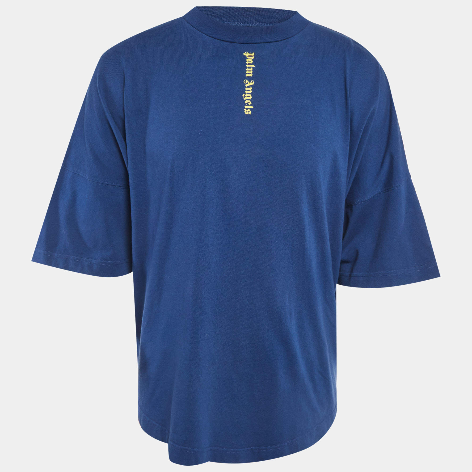 Pre Owned Palm Angels Blue Vertical Logo Print Cotton Oversized T-Shirt M
