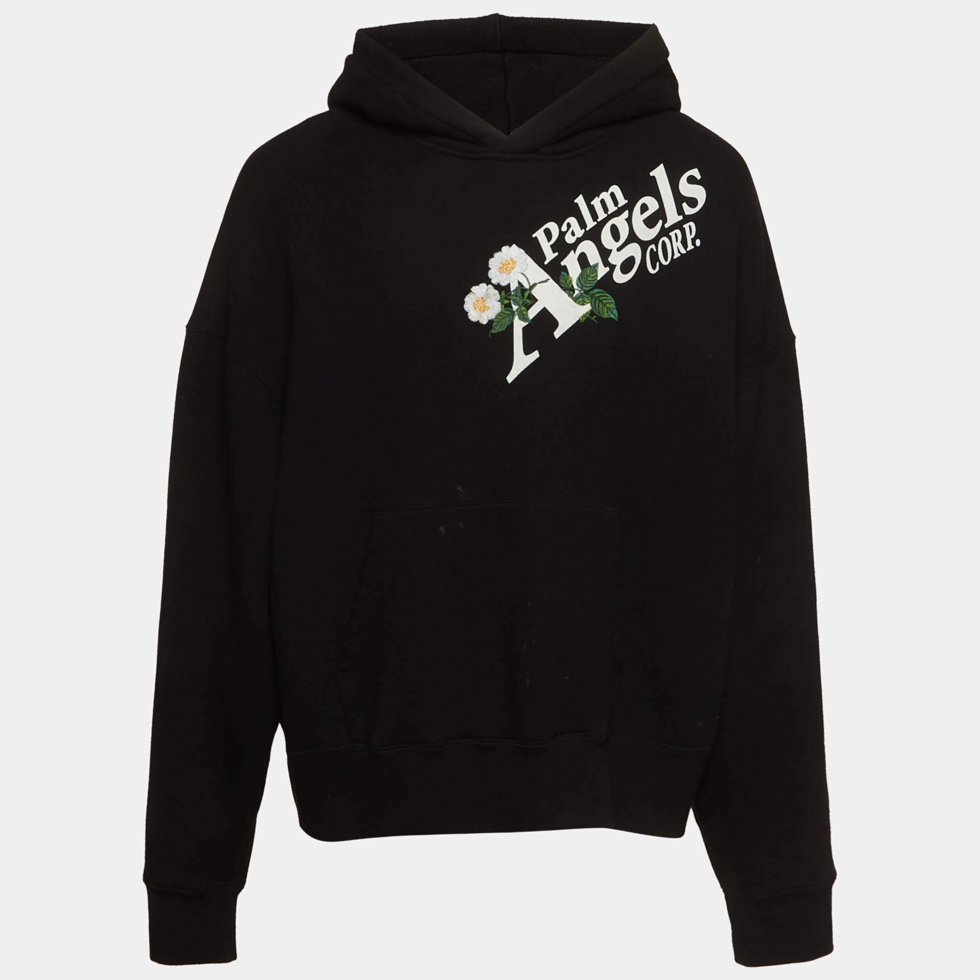 Pre Owned Palm Angels Black Daisy Logo Print Cotton Hoodie L