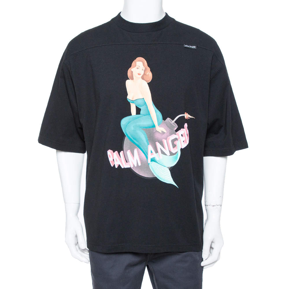 Pre Owned Palm Angels Black Cotton Logo & Mermaid Printed Crewneck Paneled T-shirt M