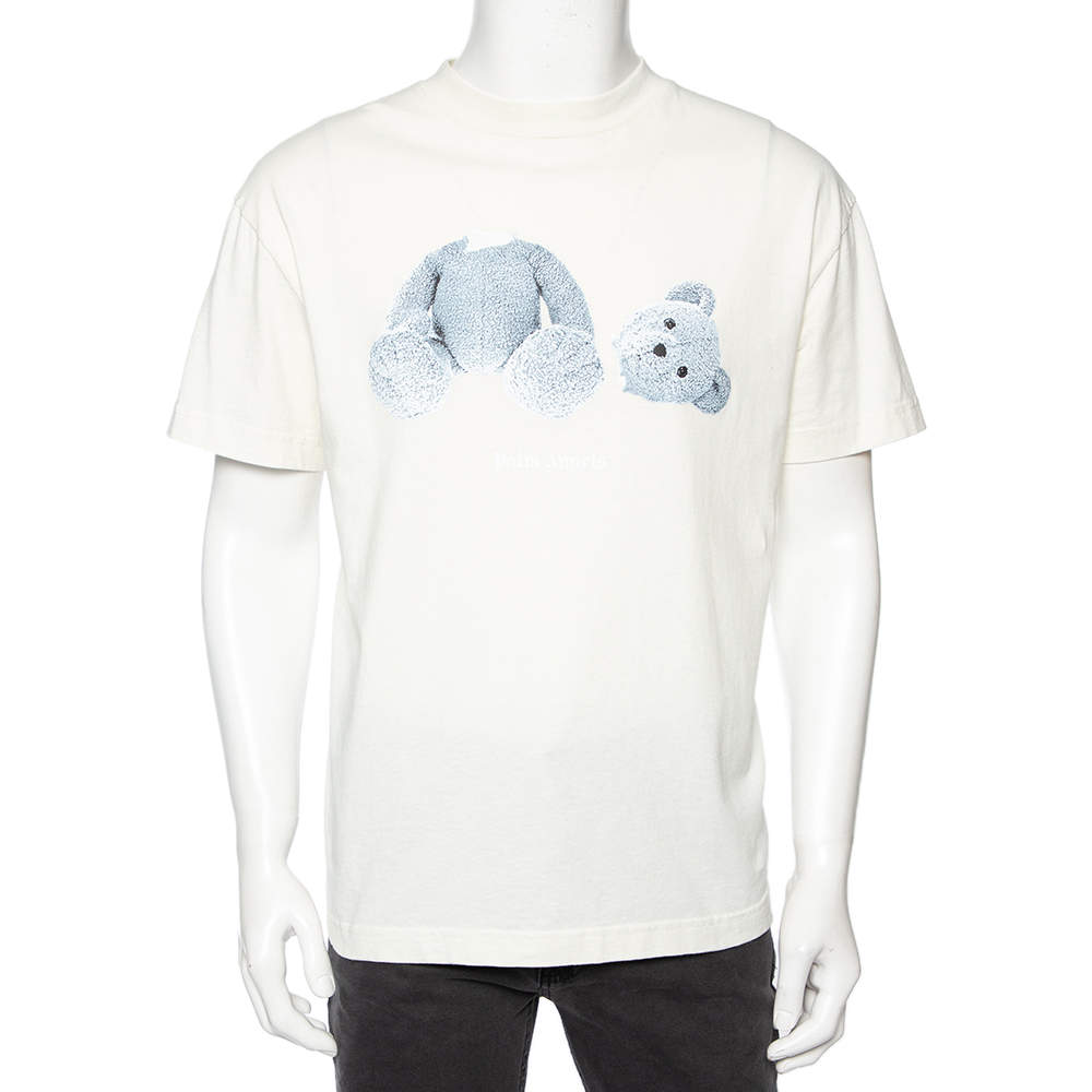 Palm Angels Off White Cotton Ice Bear Print Crew Neck T