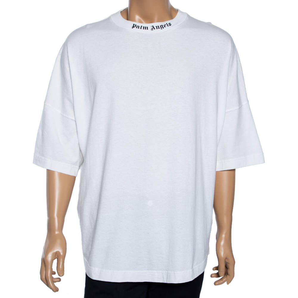 Pre Owned Palm Angels White Cotton Logo Printed Short Sleeve T-Shirt L
